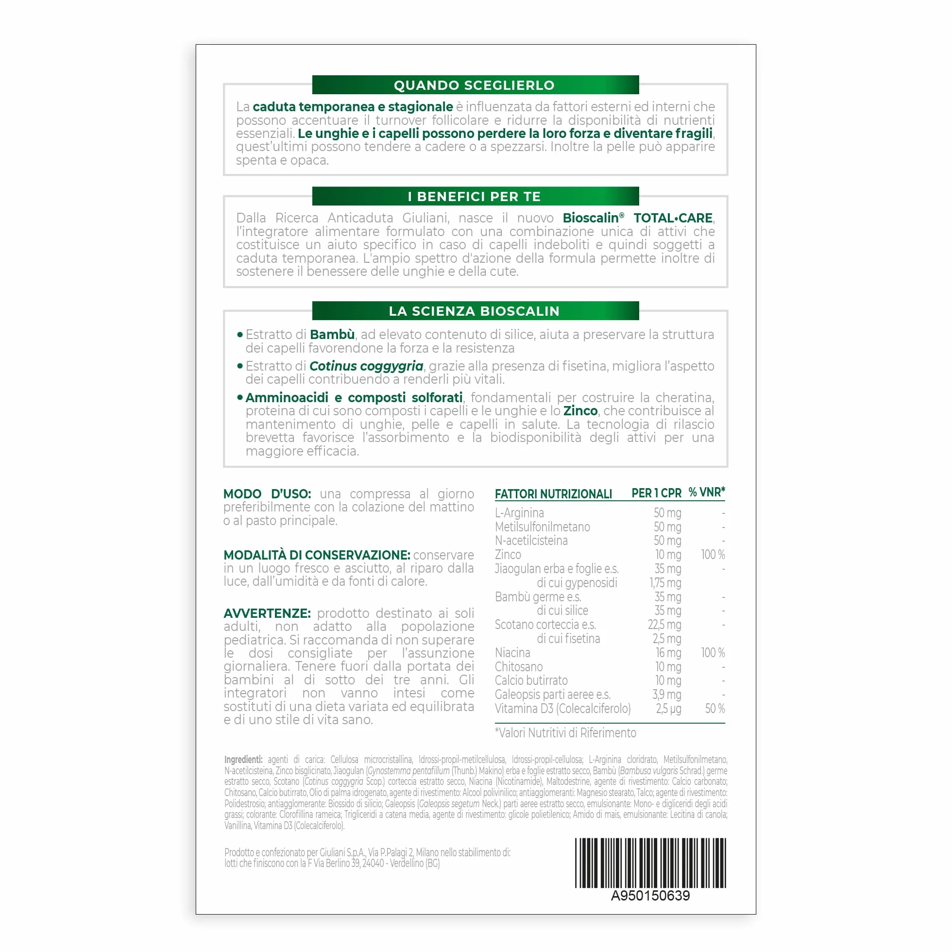 Bioscalin TOTAL•CARE Integratore Alimentare 60 Compresse per Capelli Cute e Unghie