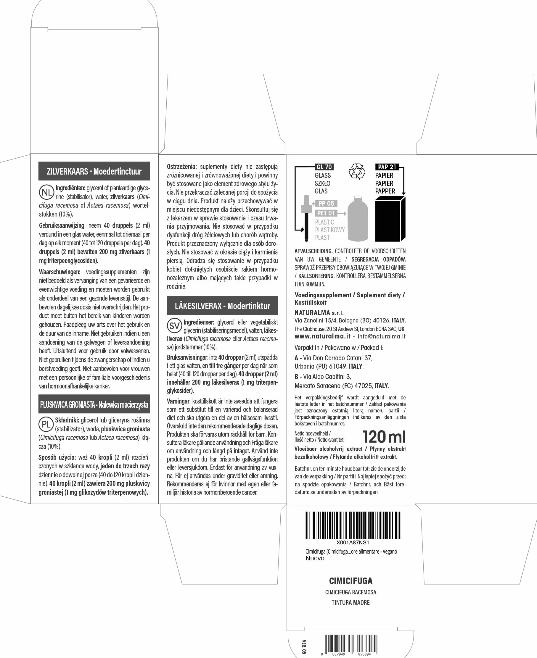 Cimicifuga Tintura Madre analcoolica 120 ml Integratore alimentare Vegano