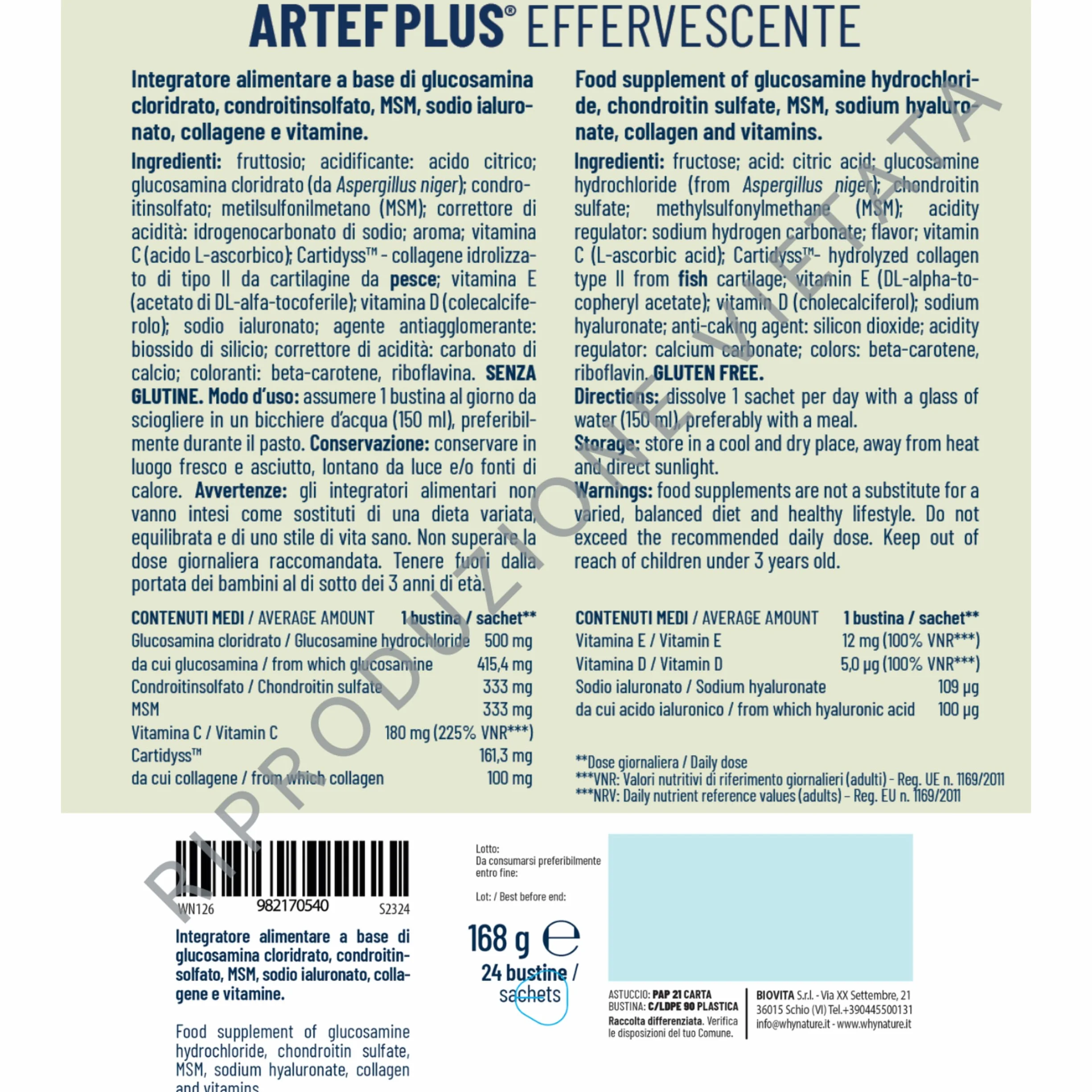 WHY NATURE ARTEF PLUS - Integratore Alimentare Ossa e Cartilagine - Con Vitamina C, Vitamina D3, Vitamina E, Acido Ialuronico - Gusto Arancia - Senza Glutine - 24 Bustine