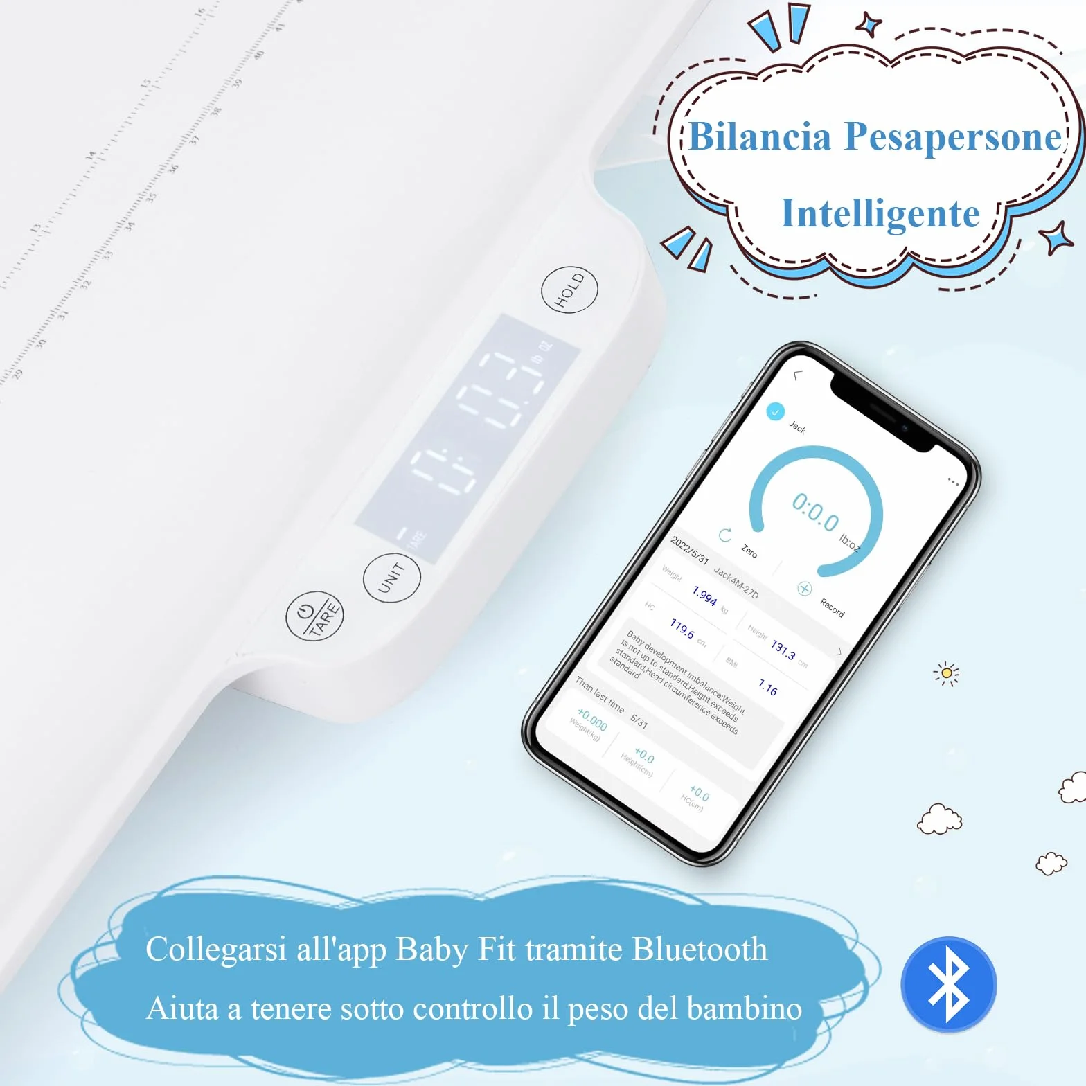 GYMAX Bilancia Digitale per Neonati, Funzioni Hold & Tare, Display LED, 30 kg, Bluetooth
