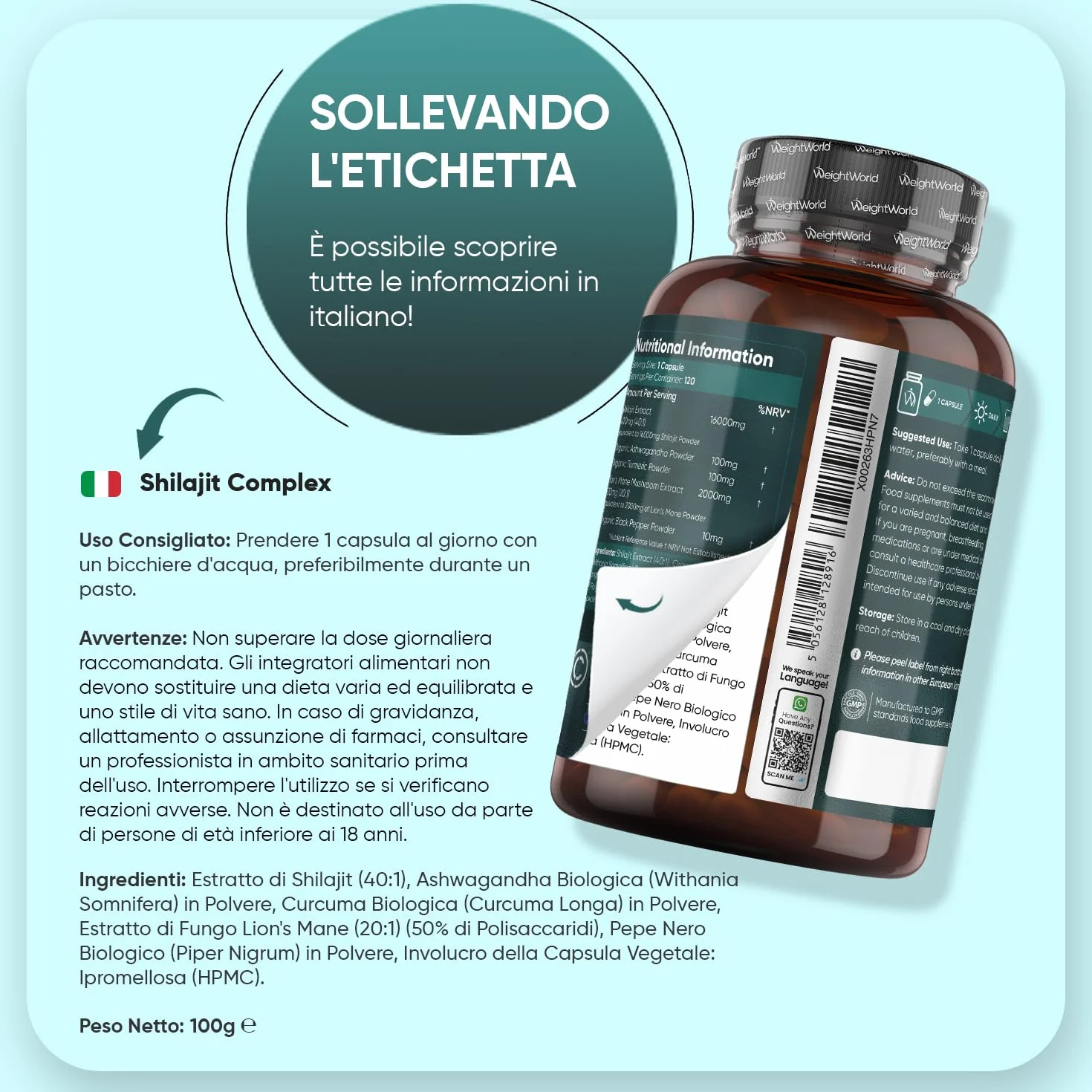 Shilajit Complex 18210mg, 120 Capsule Vegane, 1 al Giorno (per 4 Mesi), con Ashwagandha Bio, Curcuma Bio, Lions Mane Mushroom, Pepe Nero, Shilajit Integratore, Estratto 40:1, Senza Magnesio Stearato
