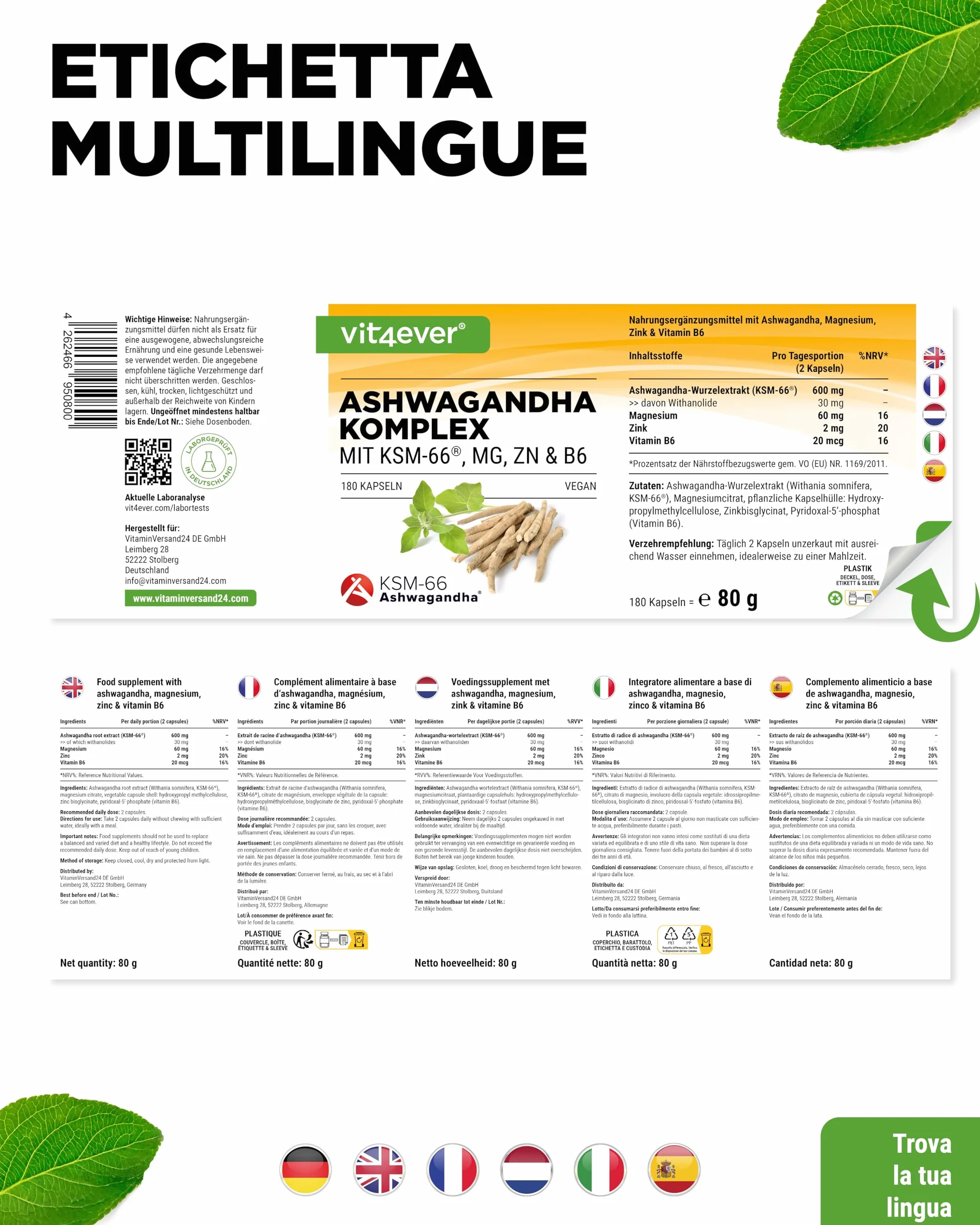 Complesso di Ashwagandha KSM-66® 180 capsule 600 mg con magnesio, zinco e vitamina B6 Vegan