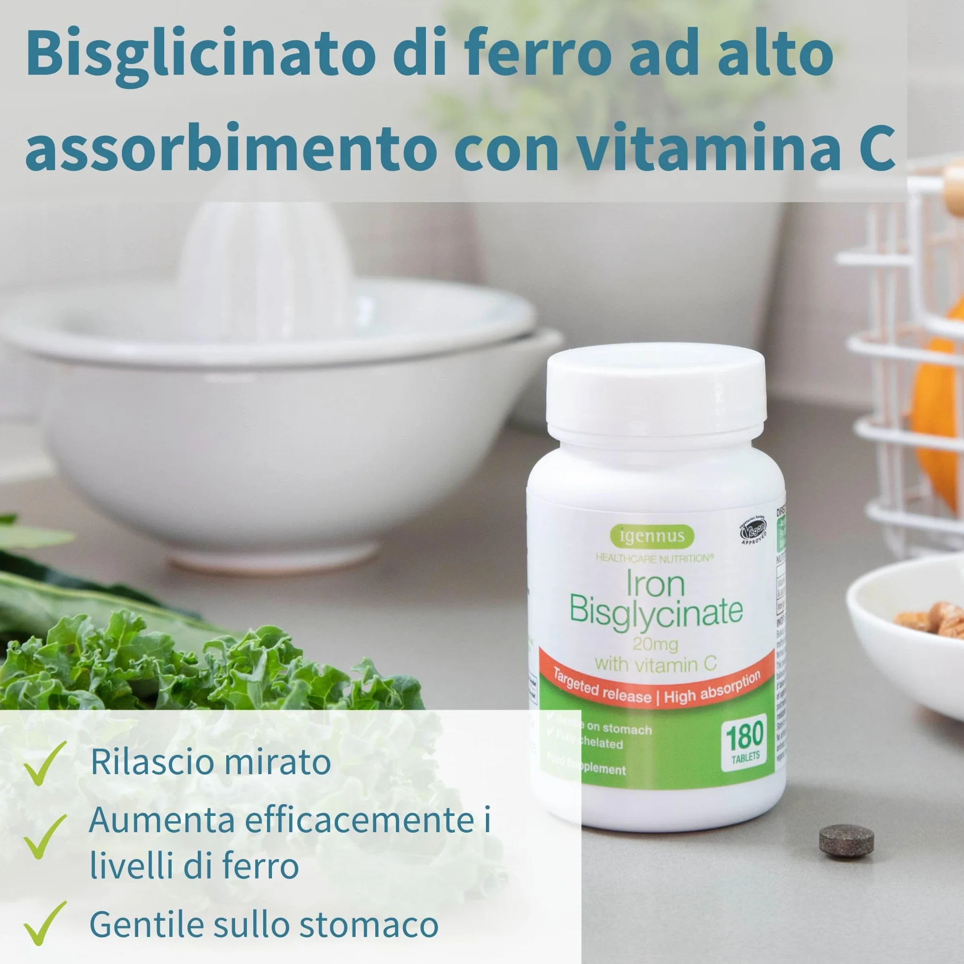 Igennus Ferro Bisglicinato 20mg con Vitamina C 100mg, Alto Assorbimento e Rilascio Mirato, Delicato sullo Stomaco, Integratore Ferro per Stanchezza, Ingredienti Puri, 180 Compresse Vegane, 1 al giorno