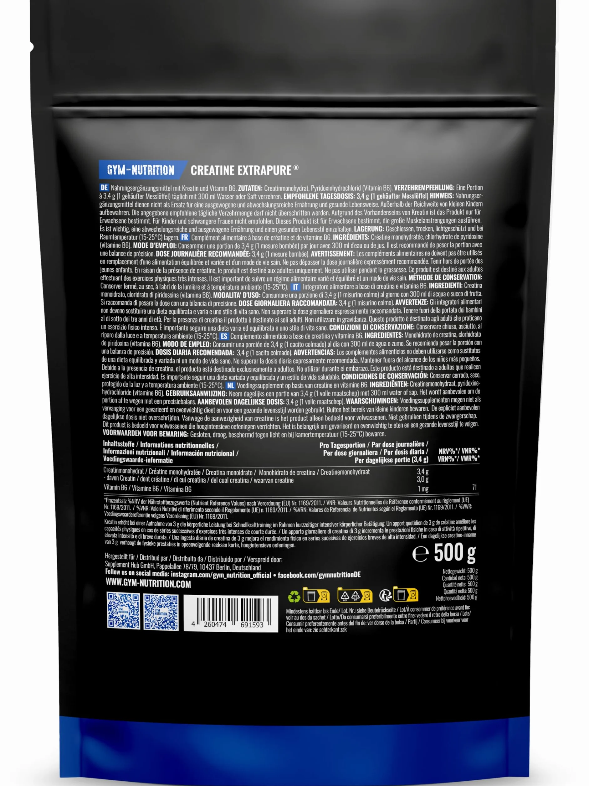 Creatina Monoidrata 500g 147 Porzioni Extrapura Senza Impurità Vegan Sviluppata Germania