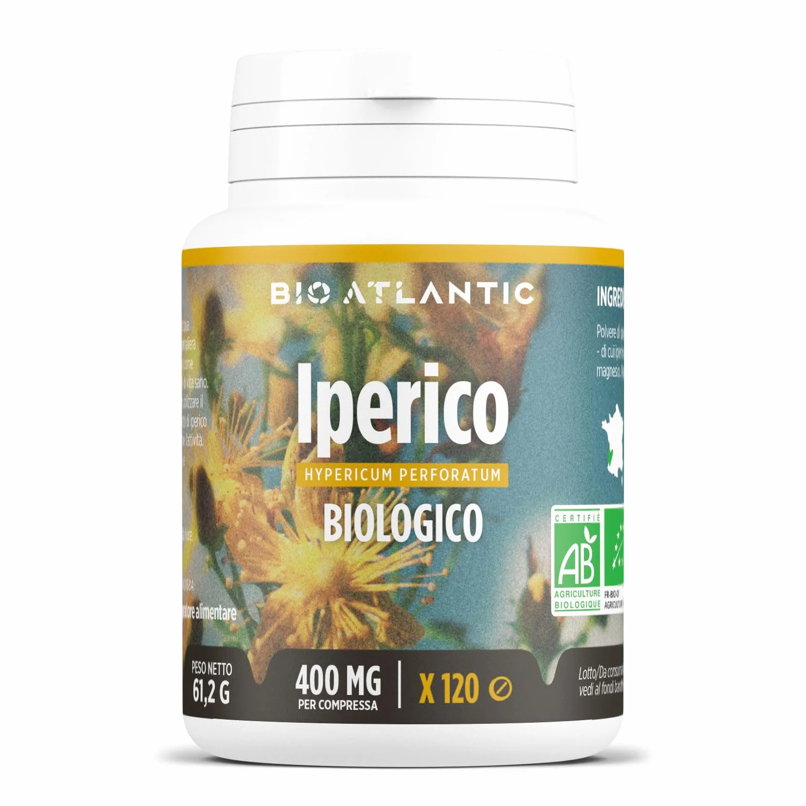 Iperico Bio (Erba di San Giovanni) 400mg - 120 compresse, Polvere di Iperico sommità fiorite : 400mg - Agente di carica : carbonato di magnesio