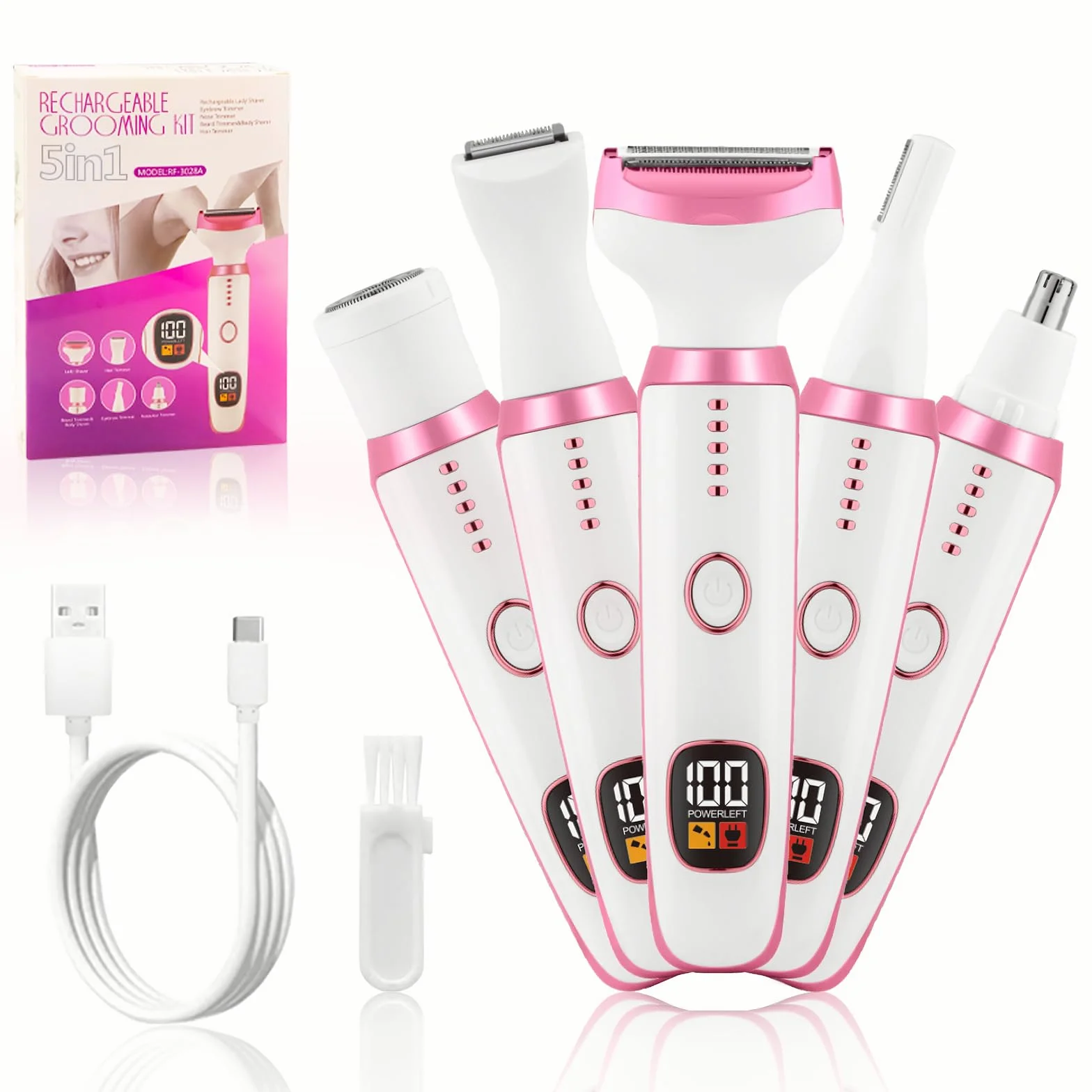 Rasoio Elettrico Donna, 5 in 1 Rasoio Elettrico Donna, Epilatore Intimo Donna, Utilizzo a Secco e Bagnato, per Bikini, Ascelle, Gambe, Sopracciglia e Naso, con Display LED, Ricarica USB