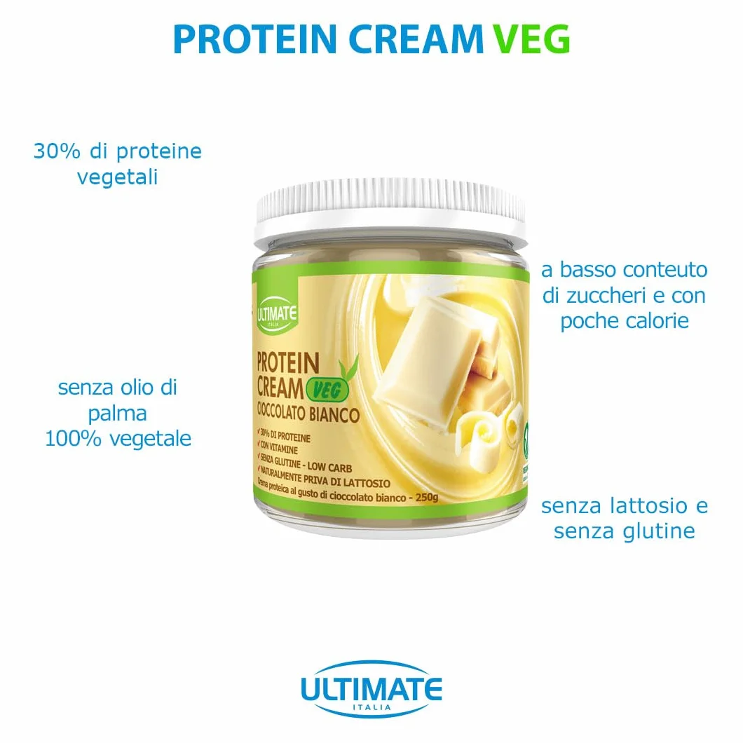 Ultimate Italia - Crema proteica al 30% spalmabile, senza zuccheri - 250g - gusto cioccolato bianco - senza lattosio e glutine - 100% vegetale - poche calorie, con vitamine