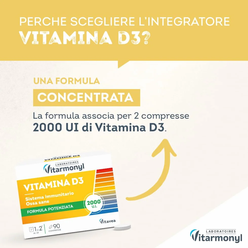 Vitamina D3 - Formula Potenziata 2000 UI - Integratore Difese Immunitarie - Assorbimento Calcio e Fosforo, Salute Ossa, Denti e Muscoli - Sistema Immunitario - 90 Compresse - Vitarmonyl