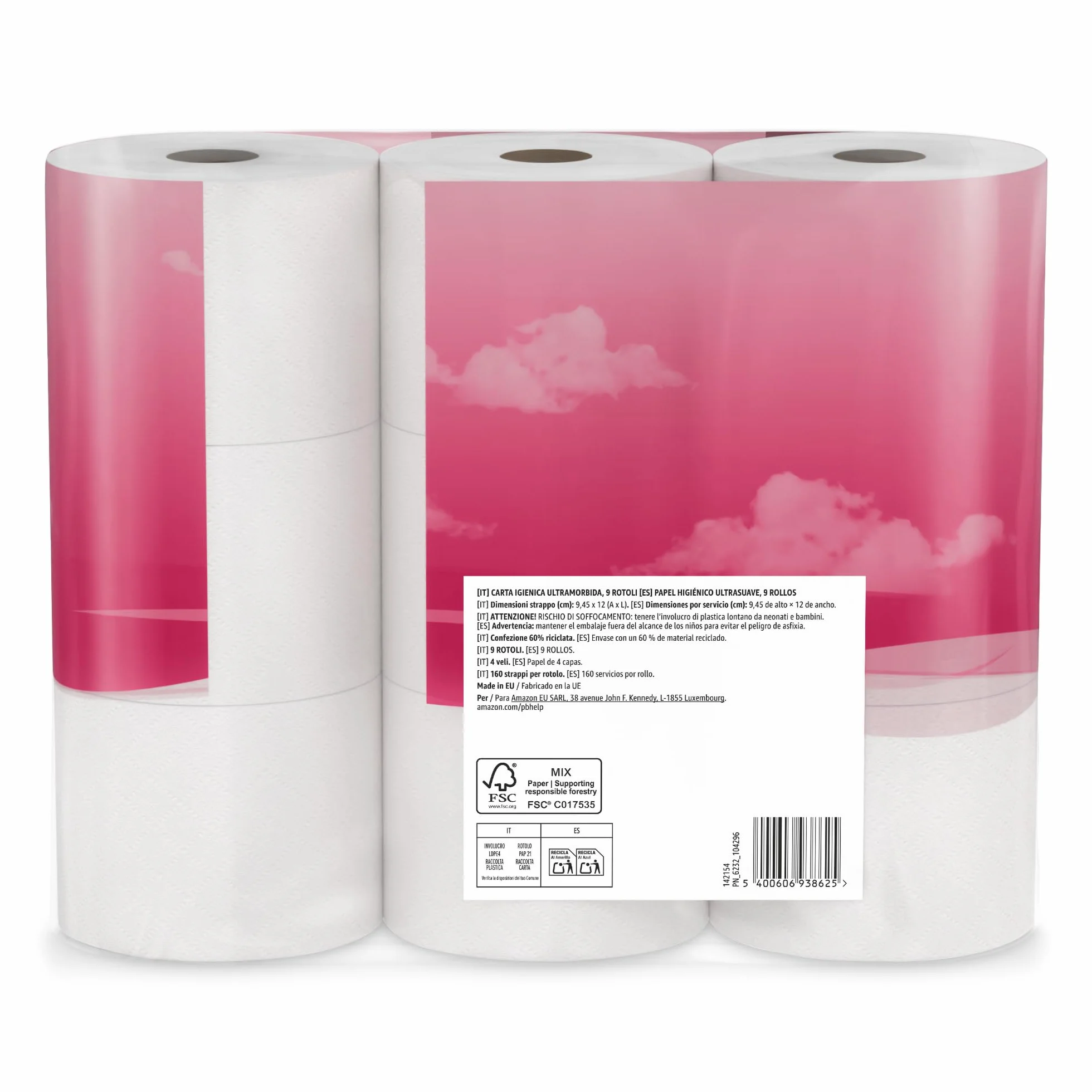 Carta Igienica Ultra Morbida 4 Veli 9 Rotoli 160 Strappi Certificata FSC by Amazon