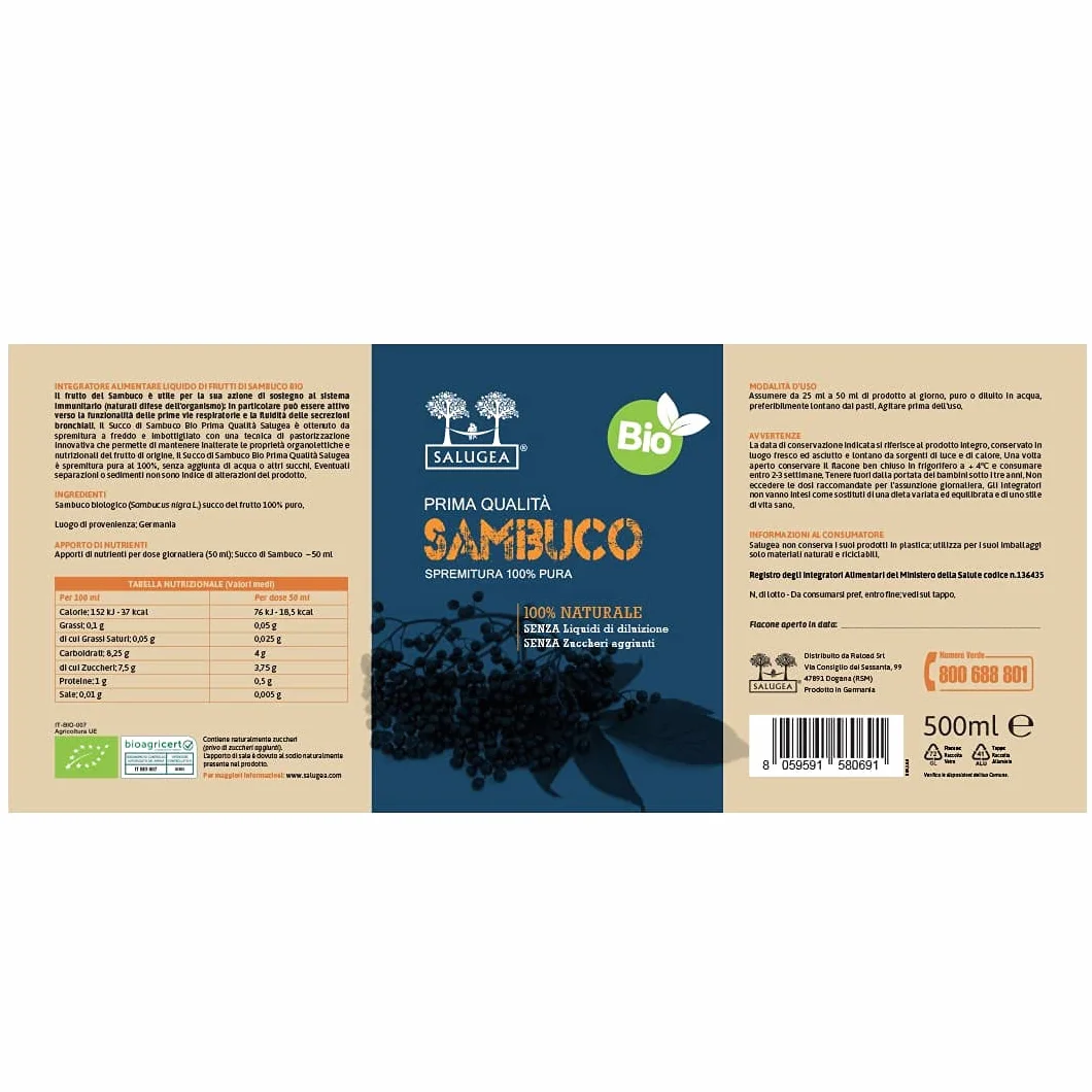 SUCCO DI SAMBUCO BIO Salugea - 100% Puro e Biologico - Integratore Fluidificante per le Vie Respiratorie, Antiossidante, Diuretico e Depurante - Flacone in Vetro Scuro - 500 ml