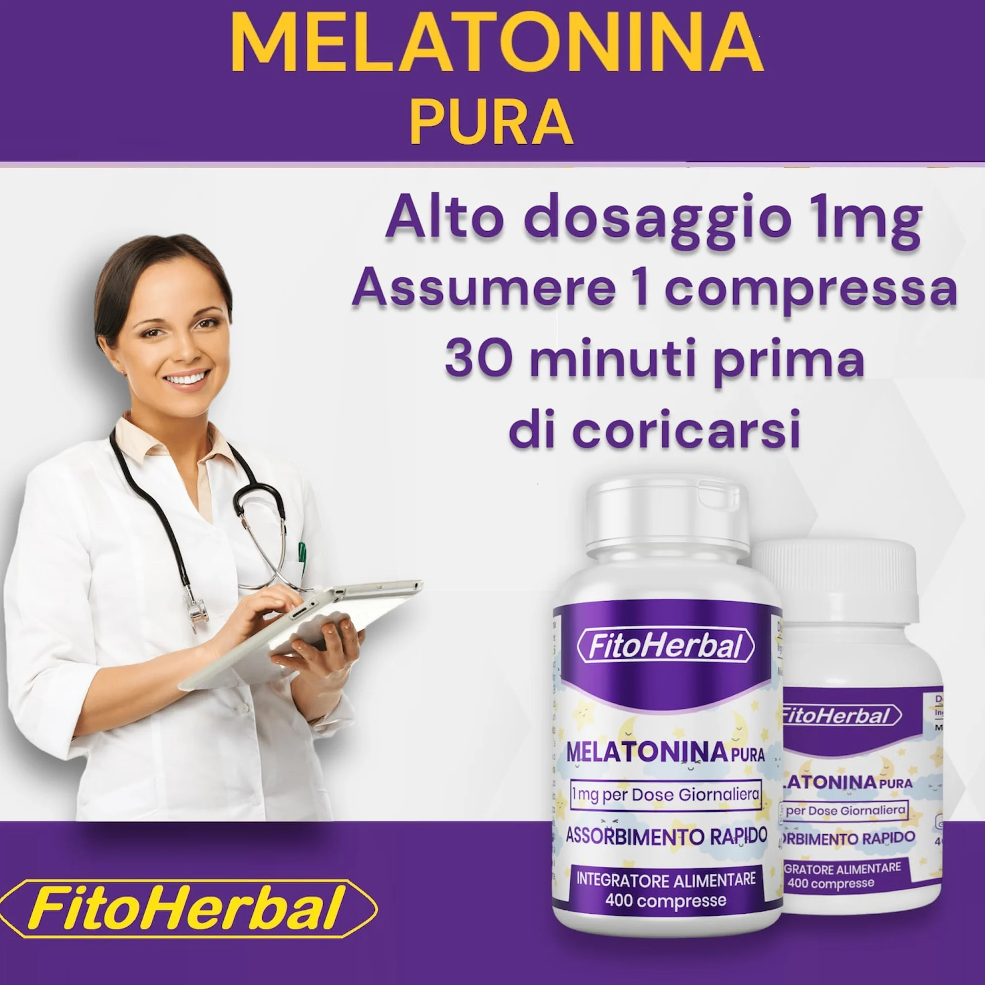 FitoHerbal Melatonina Pura Forte 1 mg 400 Mini Compresse Integratore per Dormire Sonno Naturale