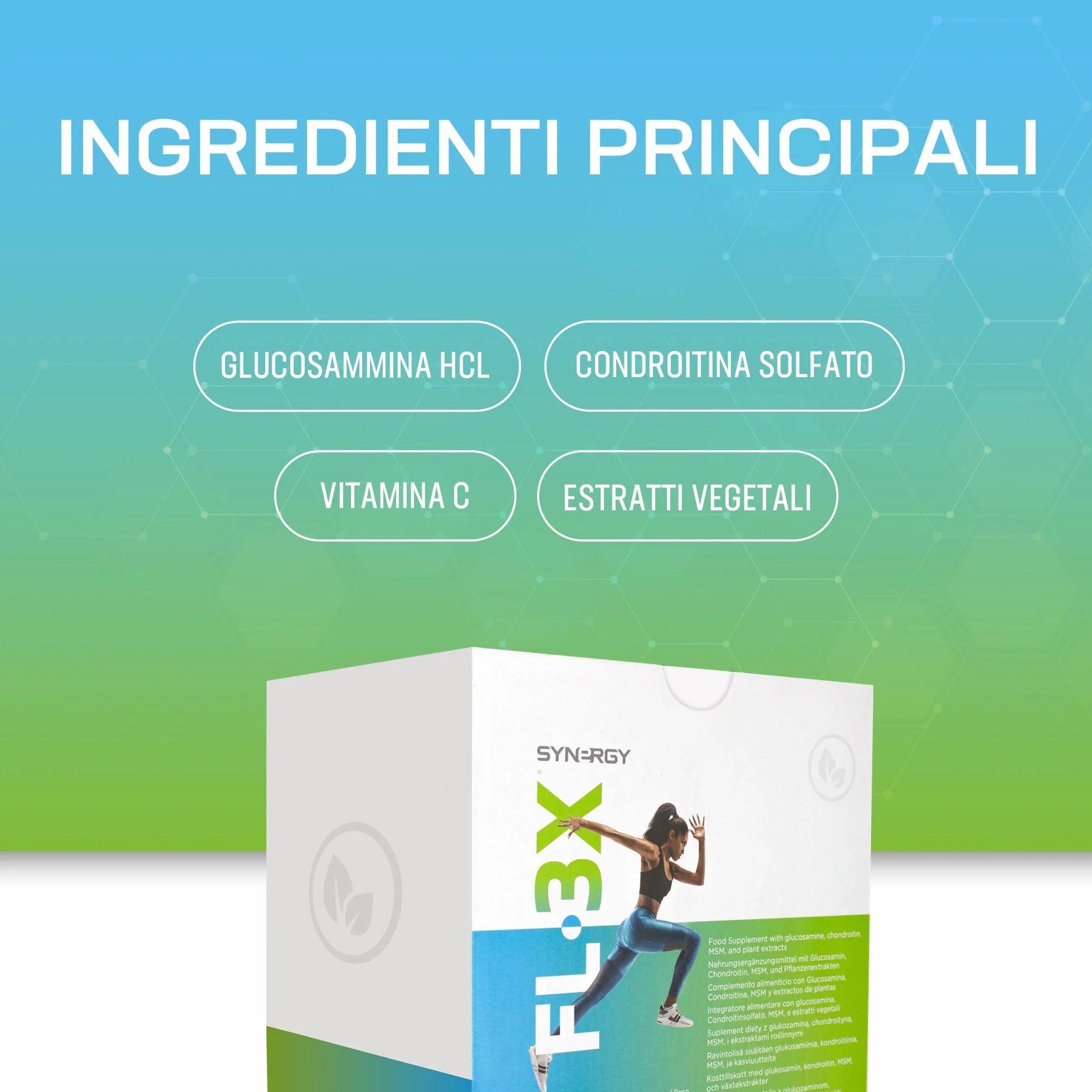 Synergy WorldWide FL-3X | Integratore sportivo con 500 mg di glucosamina, 300 mh di condroitina e 125 mg di MSM | Salute della mobilità articolare | Senza glutine | 8 bustine | 96 dosi per confezione