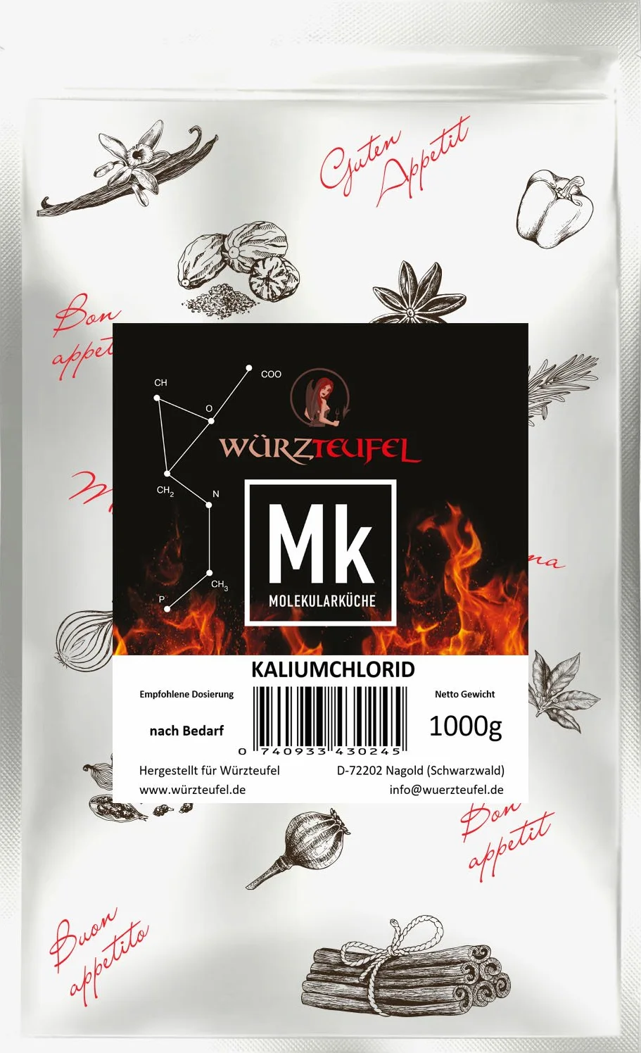Würzteufel Cloruro di potassio (KCL) – sale di potassio per uso alimentare – sale dietetico e sostituto del sale, E508 – sacchetti con fondo