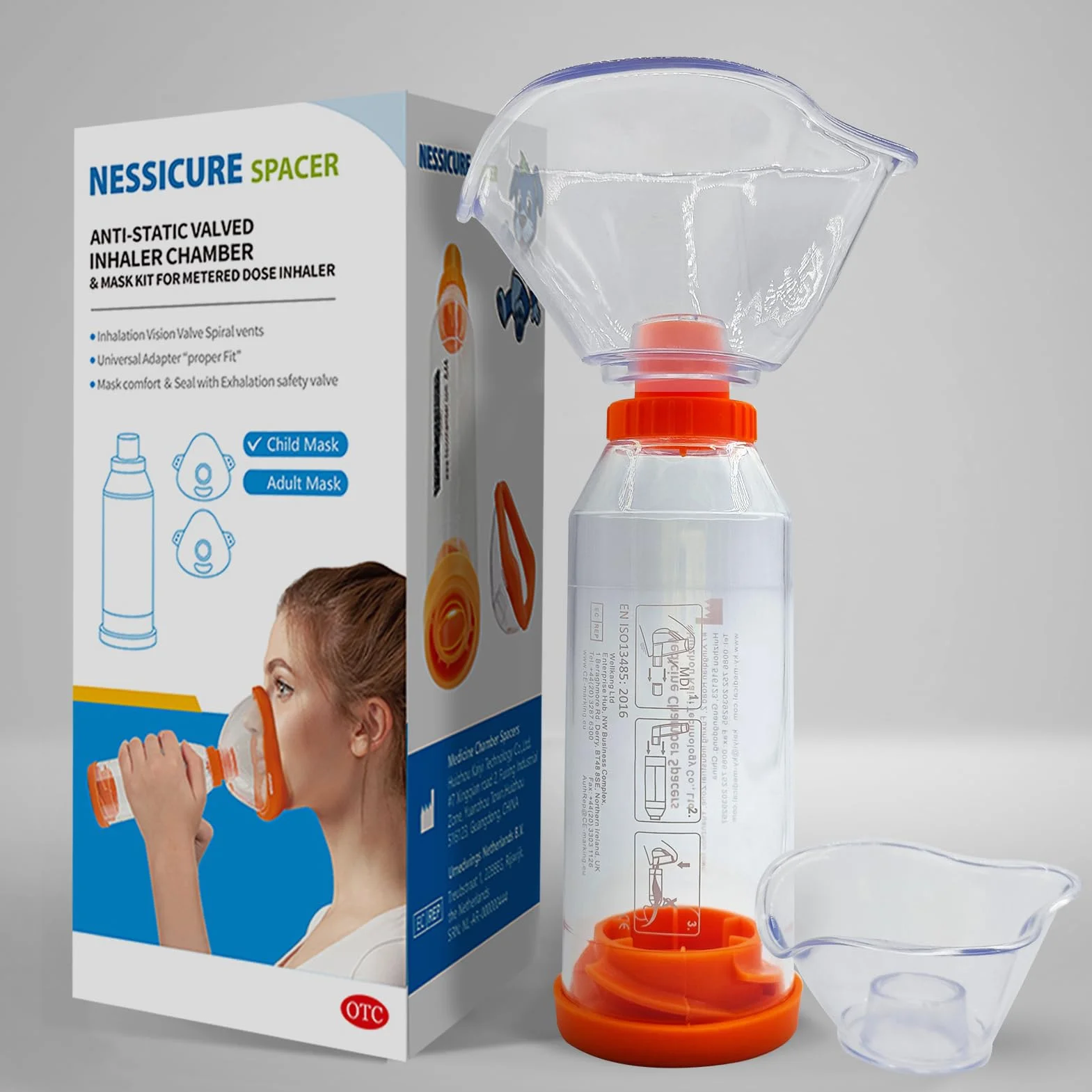 Distanziatore per inalatori adulti e bambini o neonati con maschera, camera aerosol aiuta la consegna di farmaci per asma (trasparente, maschera per bambini)