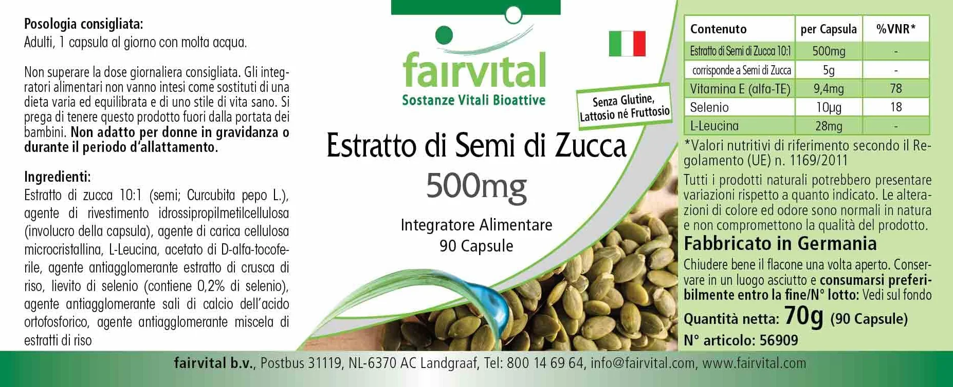 Fairvital | Estratto di semi di zucca 500 mg - 90 capsule - concentrato 10 volte con selenio e vitamina E - altamente dosato - vegano