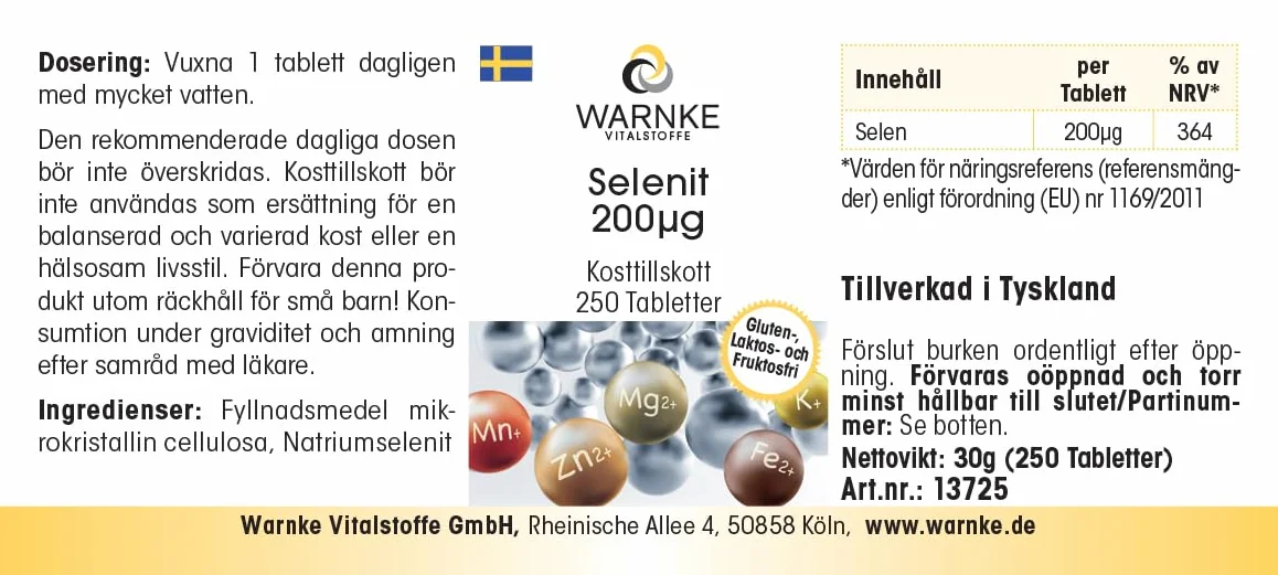 Selenite 200μg - 250 compresse - 200μg di selenio per compressa - Selenito di sodio - ALTO DOSAGGIO - Qualità farmaceutica tedesca - Vegano | Warnke Vitalstoffe
