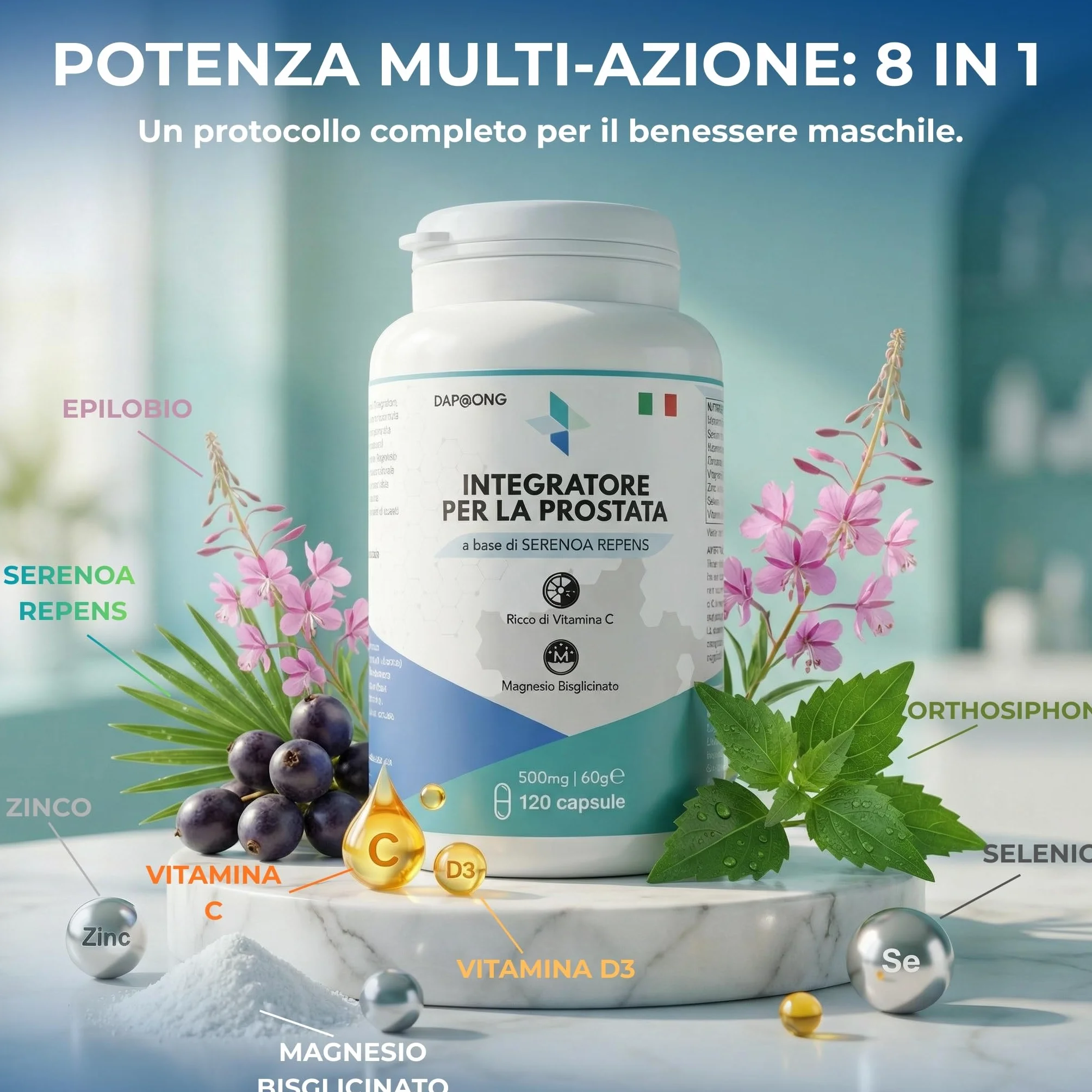 Integratore Prostata Uomo Serenoa Repens Saw Palmetto Epilobio Orthosiphon Zinco Selenio Magnesio Bisglicinato Vitamina C D3 120 Capsule