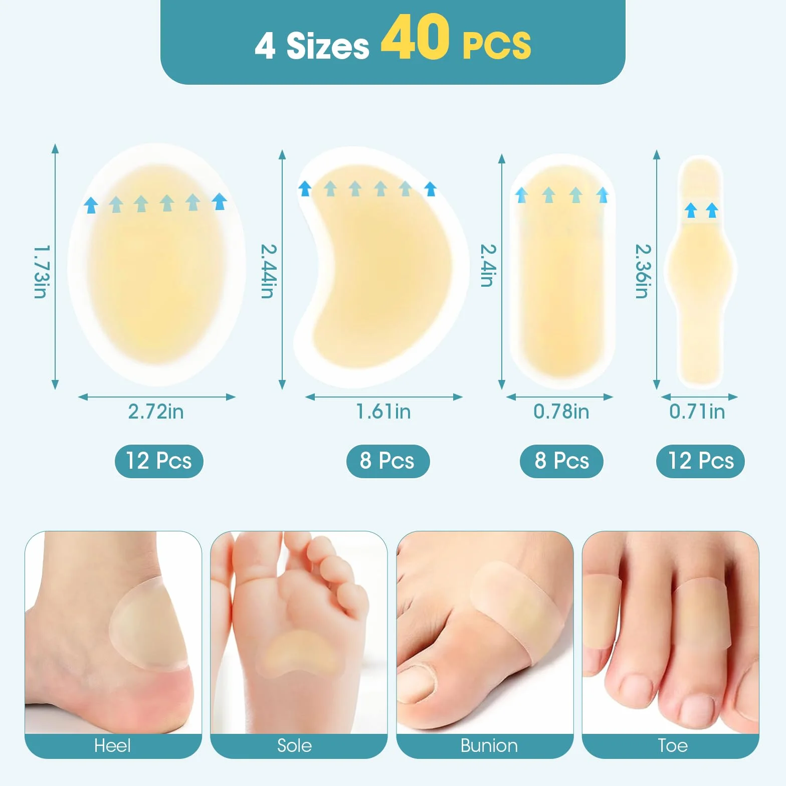 40 pezzi cerotti per vesciche in gel impermeabili 4 misure bende adesive tallone dita piedi