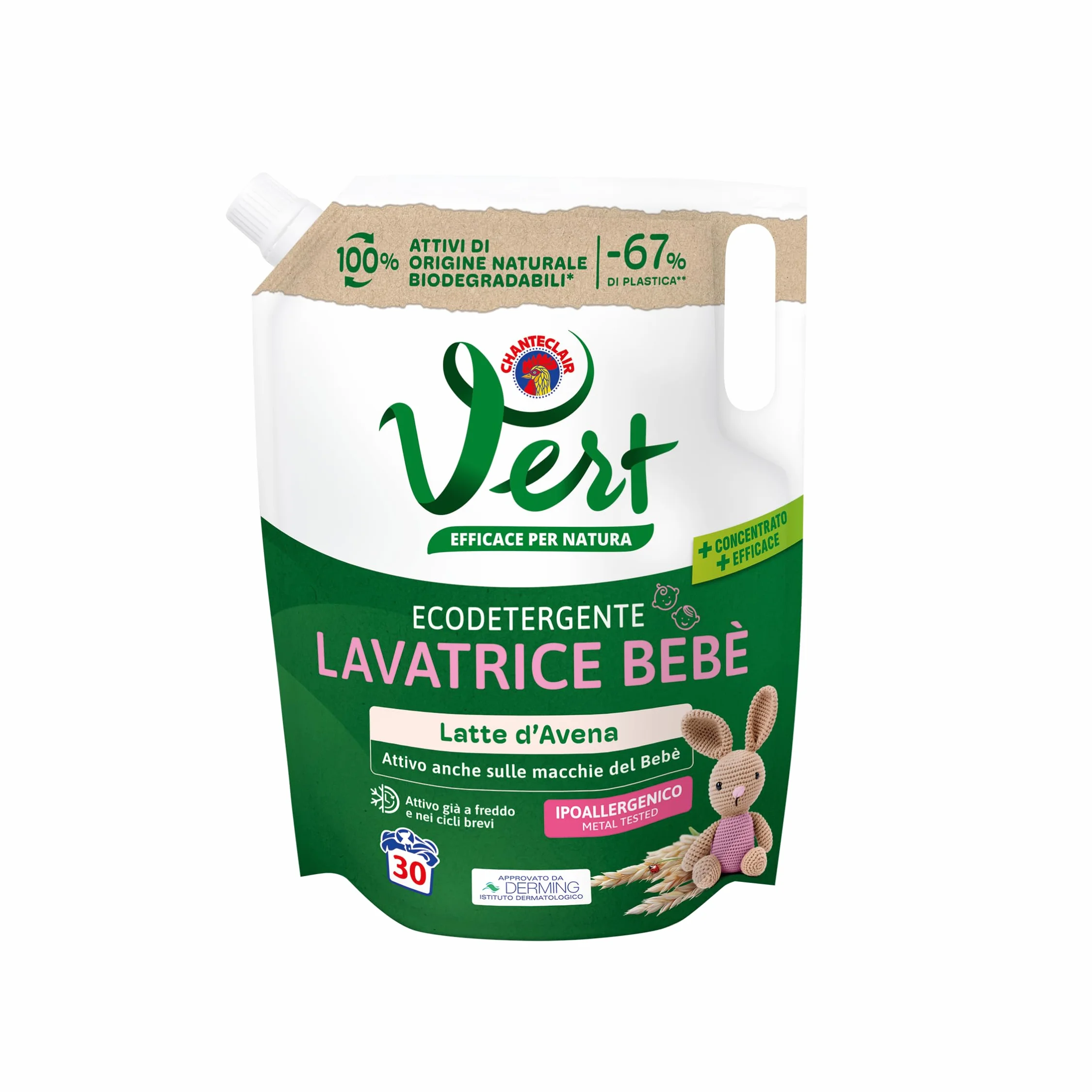 Vert - Ecodetergente Lavatrice Bebè - Fragranza Latte d'Avena, 100% Origine Naturale, Superefficace anche sulle Macchie del Bebé, Ipoallergenico, per Pelli Sensibili - Flacone da 1200 ml, 30 Lavaggi