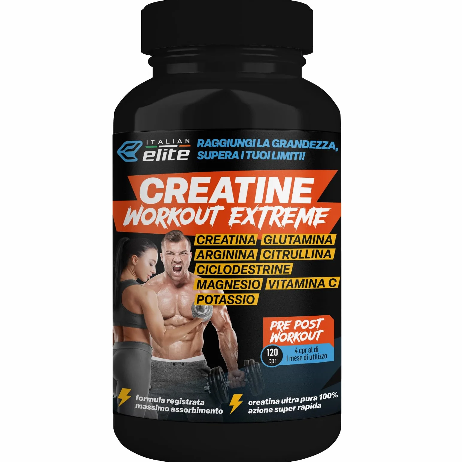 Italian Elite Creatine Extreme, Creatina con Glutammina, Arginina, Citrullina, Vit C Magnesio, Potassio, Ciclodestrine, Pre Post Workout 120cp Monoidrata Micronizzata