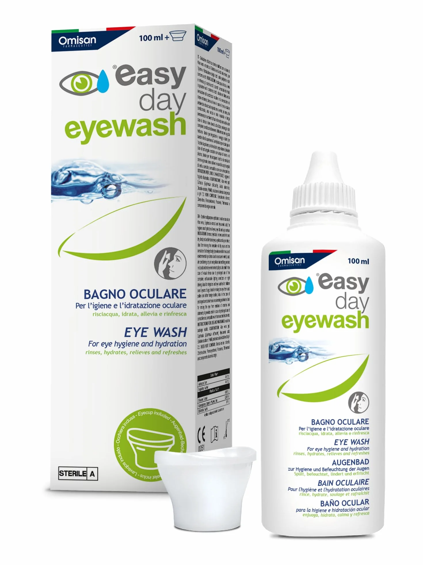 Easy Day Bagno Oculare Multi Azione, per Occhi Rossi, Stanchi e Irritati. Con Acido ialuronico ed Estratti Naturali - 100ml + Occhiera