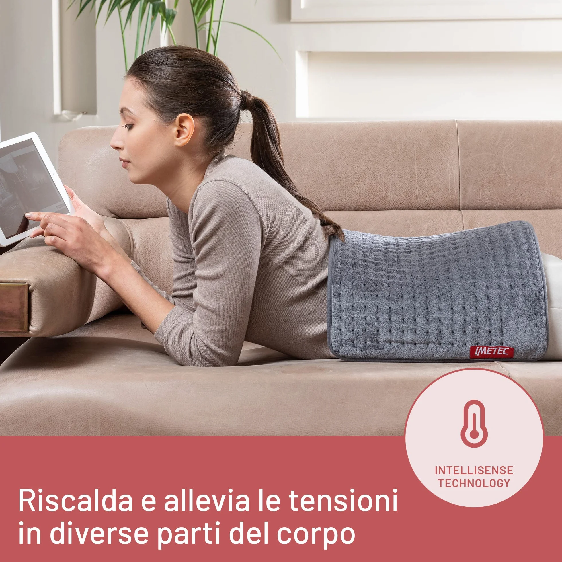 Imetec Intellisense Essential, Termoforo Multiuso, Cuscino Termico, 40x35 cm, Tessuto Anallergico, 5 temperature, Electro Block di sicurezza, Lavabile in lavatrice