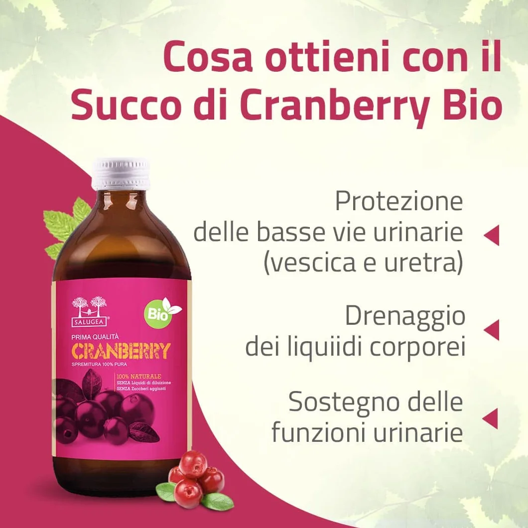 SUCCO DI CRANBERRY BIO Salugea - Mirtillo Rosso Americano - 100% Puro E Biologico - Integratore per le Vie Urinarie e Sistema Immunitario - Flacone in Vetro Scuro Farmaceutico - 500 ml