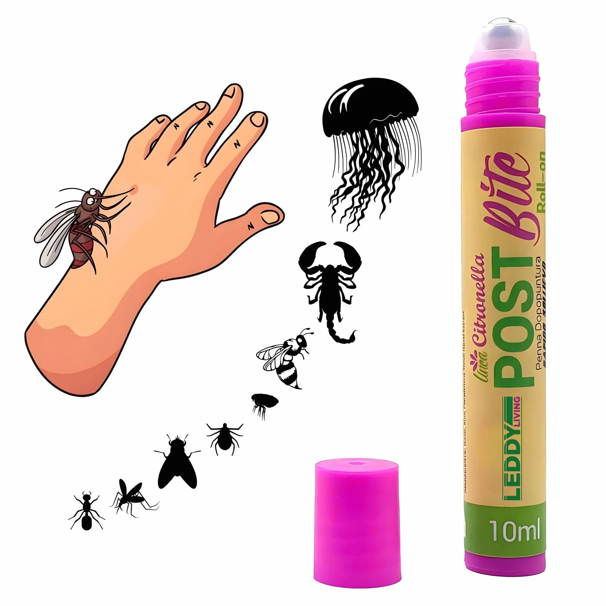 Penna Roll-On Dopopuntura Naturale - Sollievo Immediato da Prurito e Rossore per Punture di Zanzare, Vespe, Api, Zecche, Pulci, Meduse - Aloe, Menta e Citronella (10 ML)