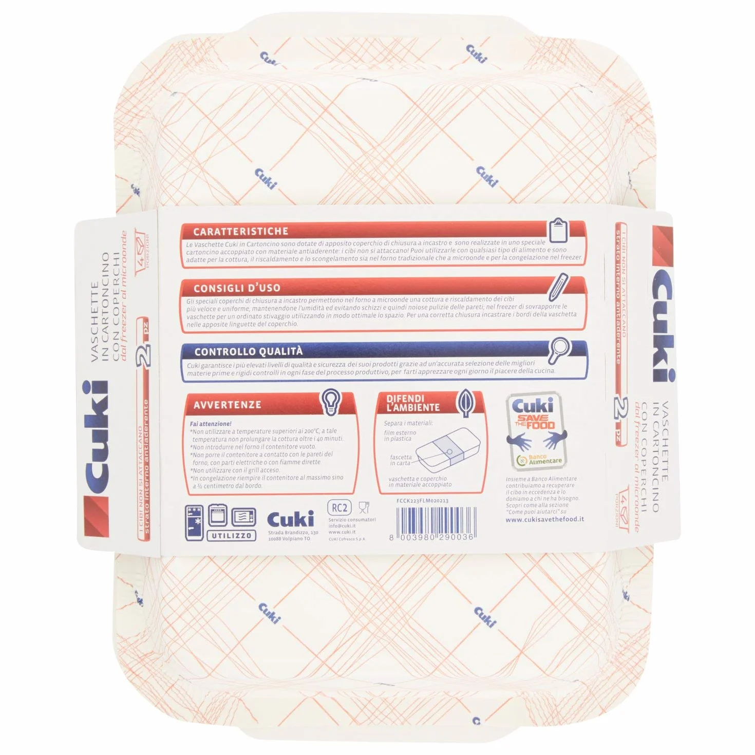 Cuki Vaschette Rettangolari in Cartoncino con Coperchi per Microonde e Freezer 4 Porzioni 50g
