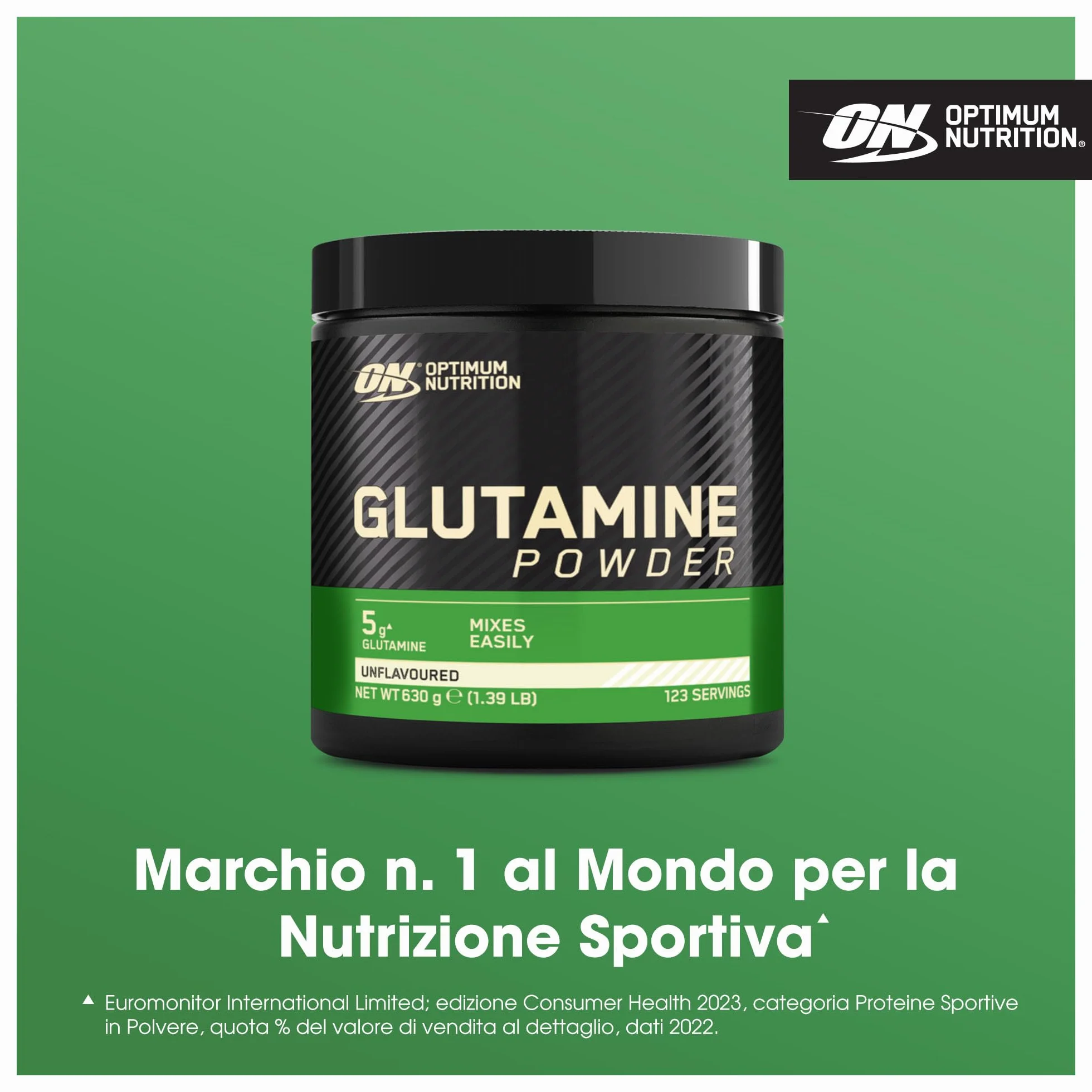 Optimum Nutrition Glutamine, Aminoacido L-Glutammina in Polvere, Integratore Alimentare per la Preparazione di Frullati Pre e Post-Allenamento, Non Aromatizzato, 123 Porzioni, 630 g
