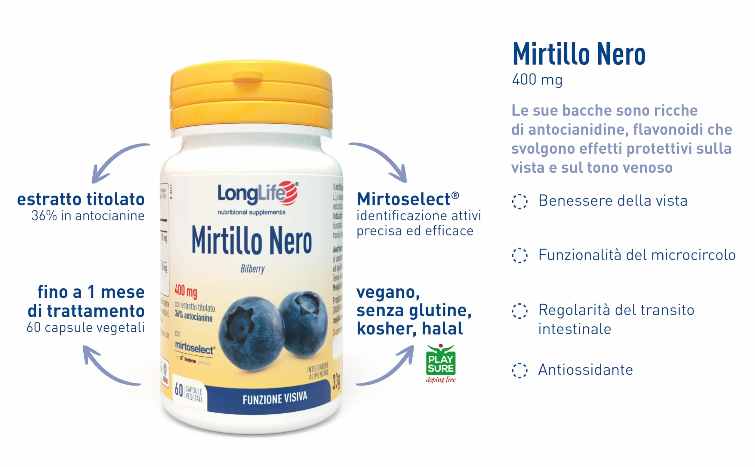 LongLife Mirtillo Nero 800mg 36% antocianosidi Mirtoselect Vegano senza glutine