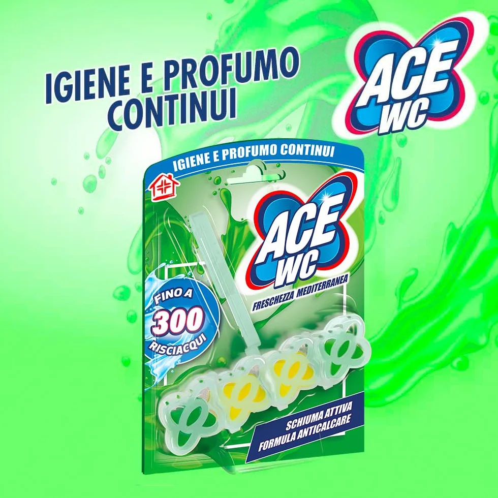 ACE Tavoletta WC Anticalcare Freschezza Mediterranea – Detergente WC con Schiuma Attiva, Profumo Agrumato, 12 Pezzi
