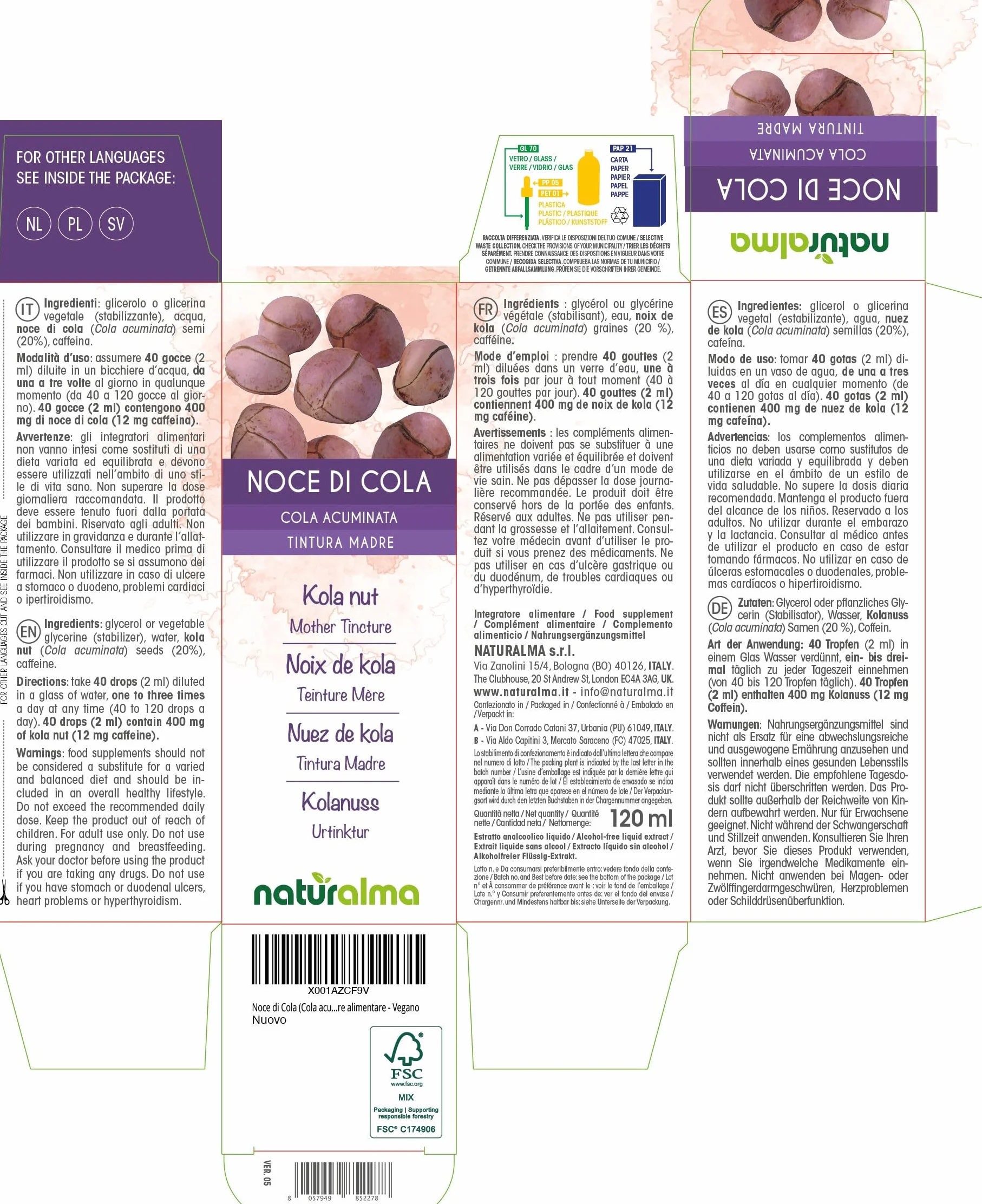 Naturalma Noce di Cola Tintura Madre analcoolica Estratto liquido gocce 120 ml Integratore alimentare Vegano