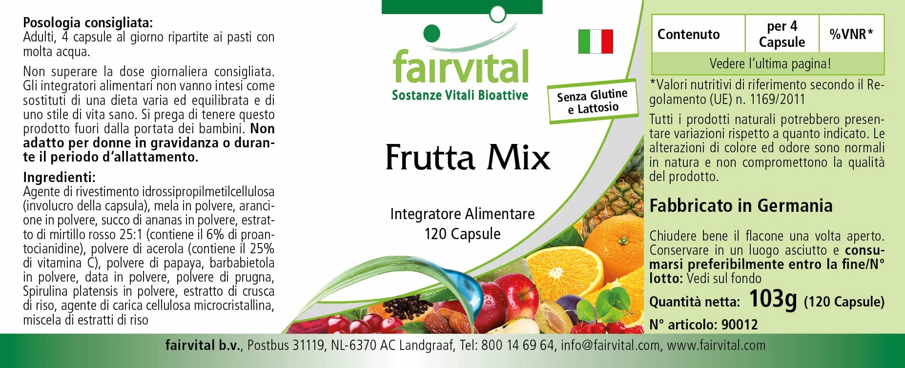 Fairvital Mix di Frutta, 120 capsule, Vegano, Polvere Multivitaminica Naturale con Estratto di Mirtillo Rosso, Acerola, Spirulina