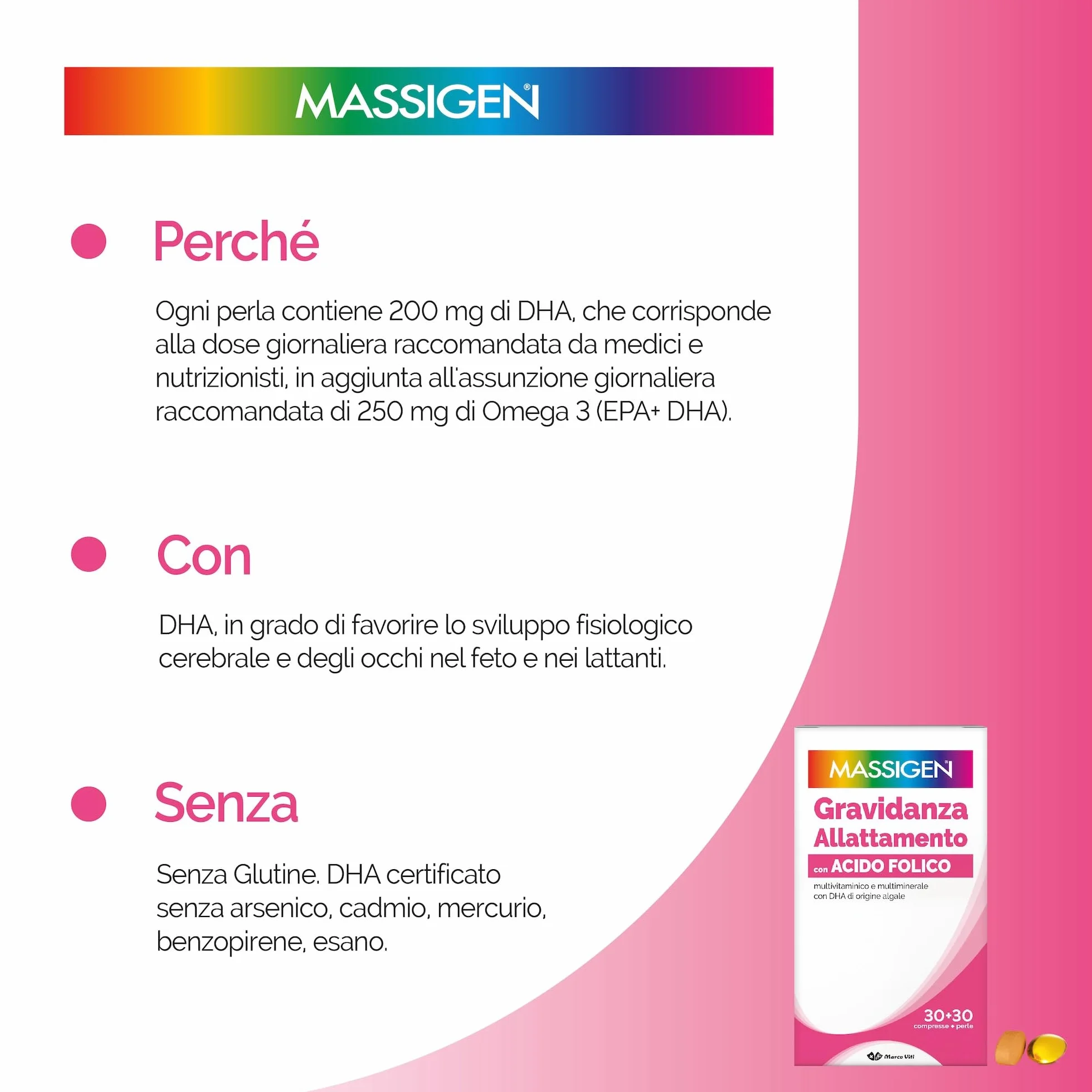 Massigen DailyVit+ - Multivitaminico, Gravidanza e Allattamento, Senza Glutine, In grado di Favorire lo Sviluppo fisiologico Cerebrale e degli Occhi del Feto, 30 Compresse da 11 g + 30 Perle da 700 mg