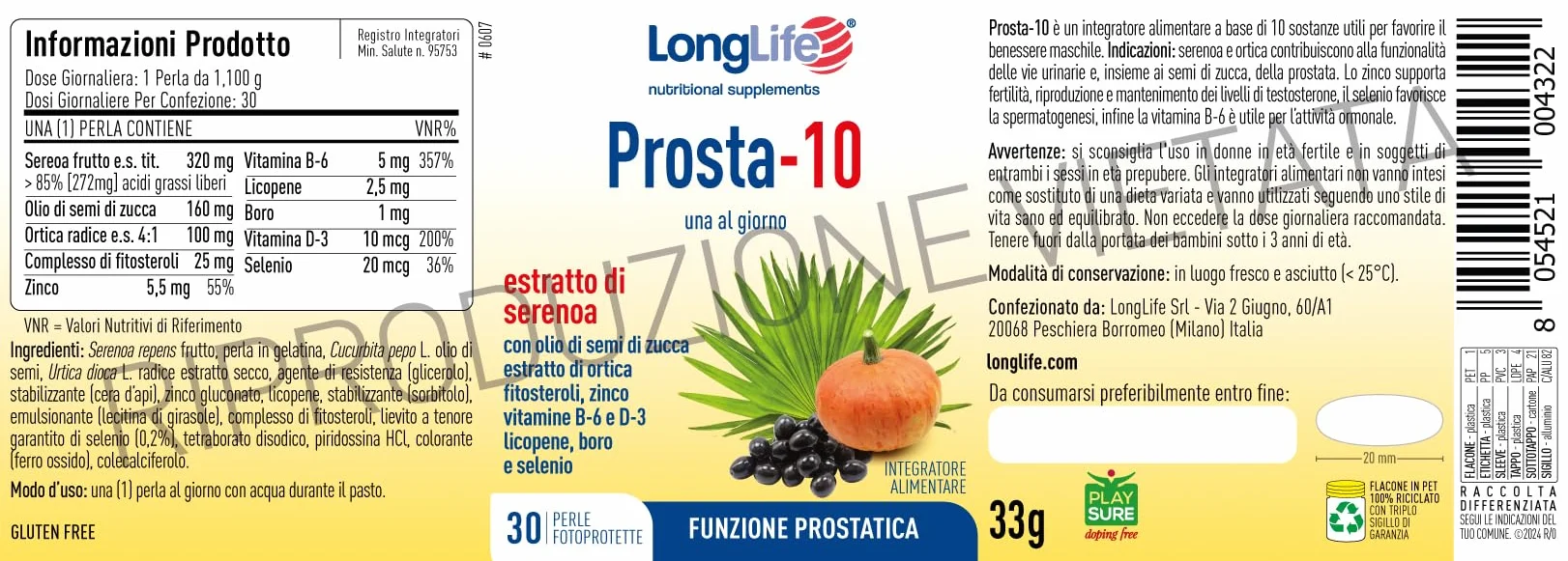 LongLife® Prosta-10 Integratore Serenoa 85% Acidi Grassi Liberi Prostata Vie Urinarie 1 Mese Trattamento Senza Glutine