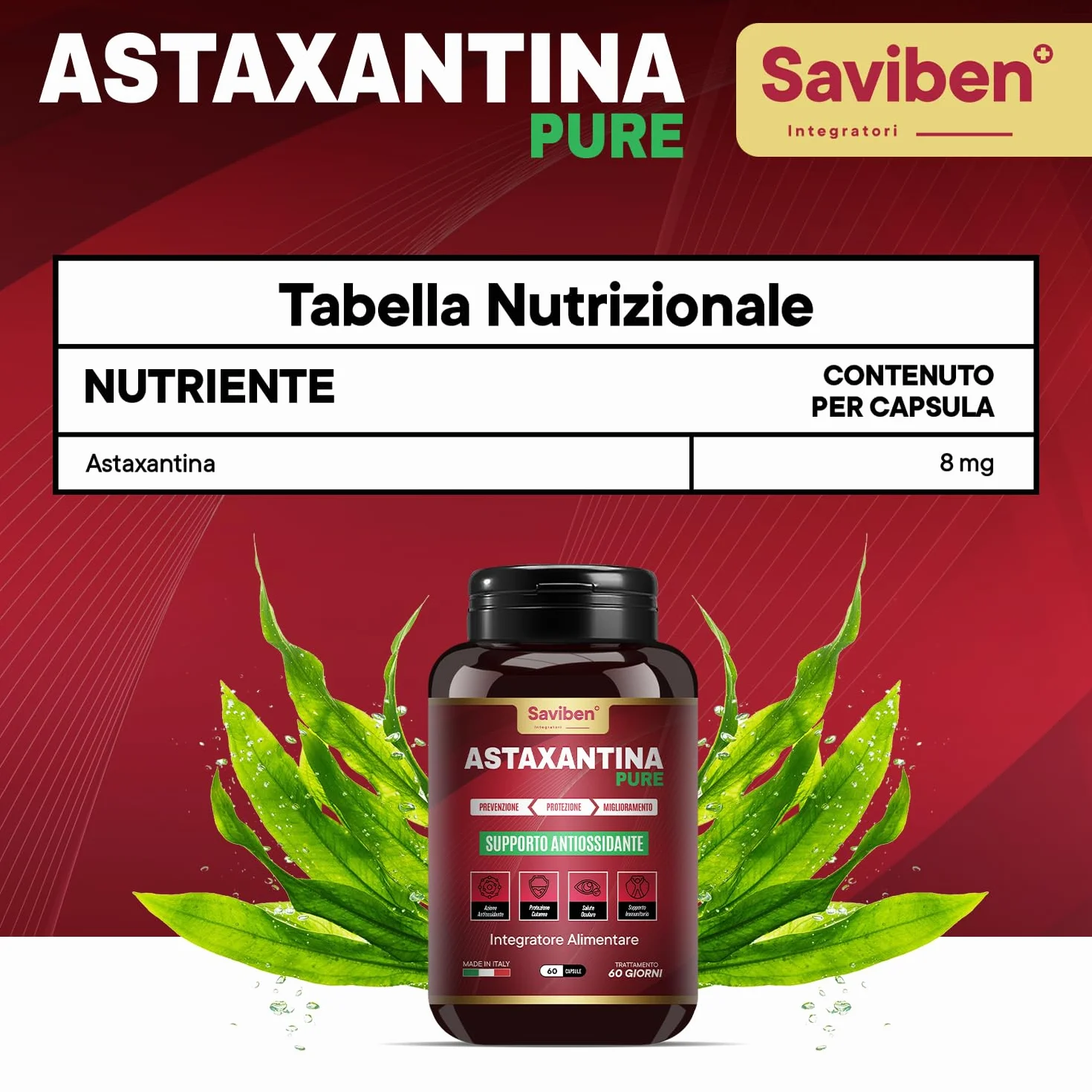 Astaxantina 8mg Capsule Antiossidante Naturale per Occhi Pelle Articolazioni Difese Immunitarie