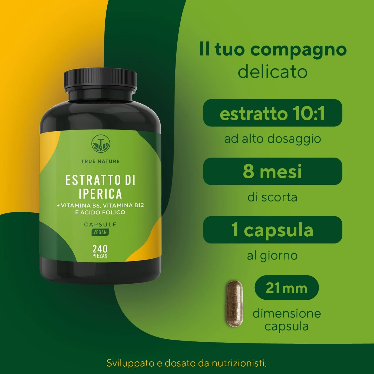 Capsule di iperico ad alto dosaggio - 240 capsule con le vitamine B6, B12 e acido folico - 5000 mg di iperico per capsula (estratto 10:1) - ipericina & iperforina - Prodotto in Germania - TRUE NATURE