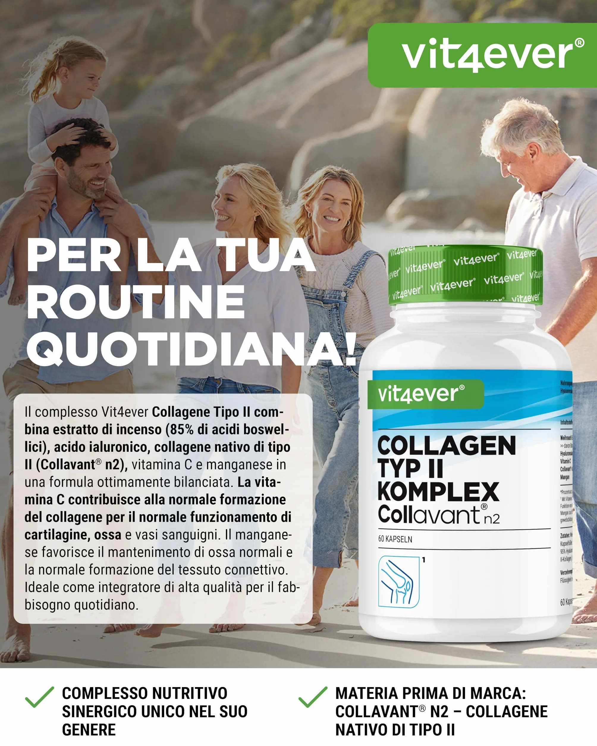 Complesso Collagene di tipo II con Collavant n2®, acido ialuronico, vitamina C, manganese per ossa e articolazioni