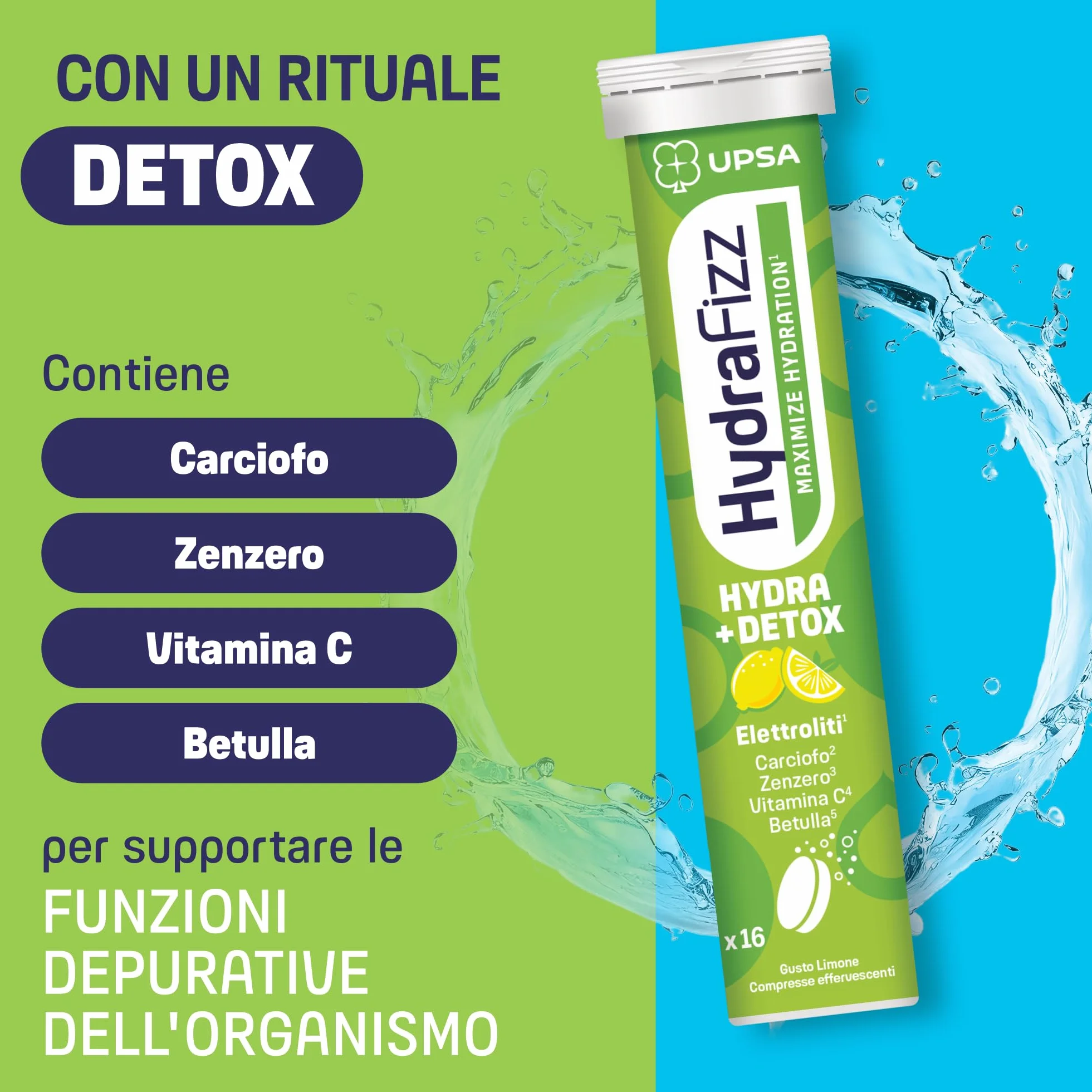 UPSA Hydrafizz Detox 16 Compresse Effervescenti Integratore Alimentare con Elettroliti Carciofo Zenzero Gusto Limone