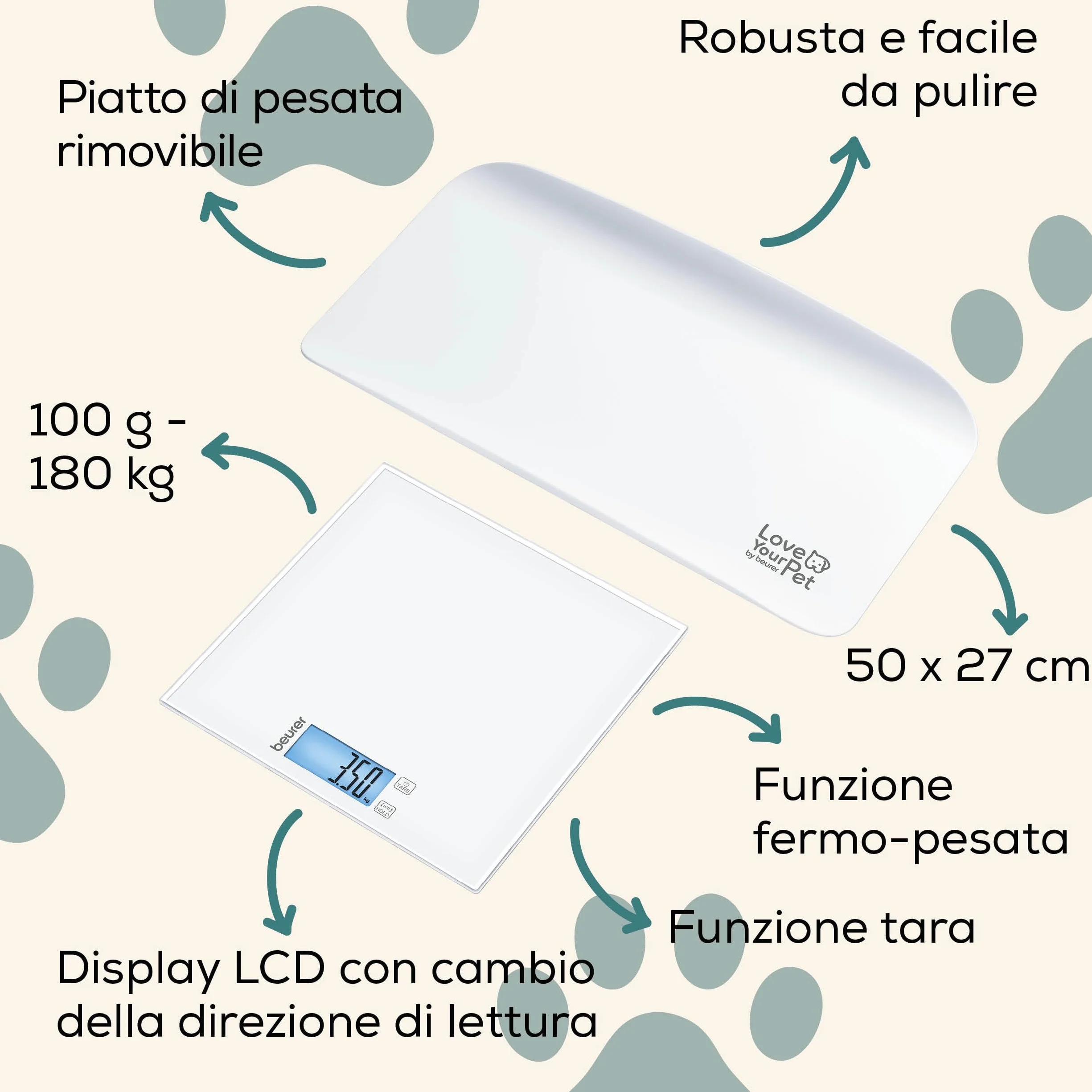 Beurer Love Your Pet Bilancia Polly per Animali Domestici e Persone, Piatto Rimovibile, 100g-180kg