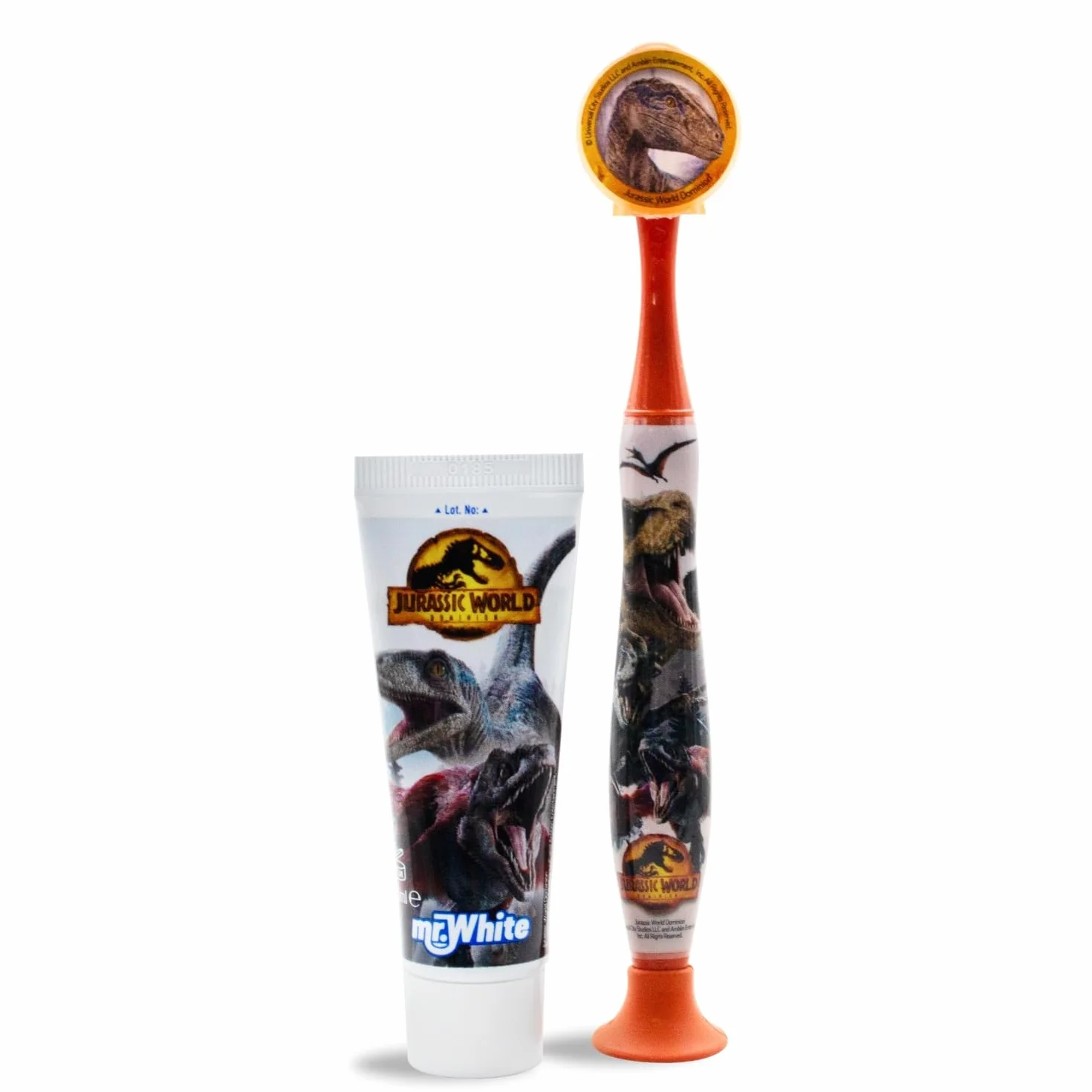 Jurassic World - Kit da viaggio per l'igiene orale, contiene dentifricio al gusto di fragola e spazzolino da denti con tappo di protezione, ventosa, manico comodo e setole morbide per bambini