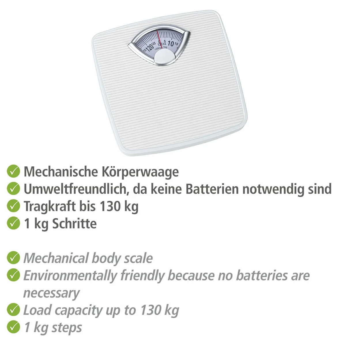 Bilancia meccanica, precisa e analogica WENKO con ampia scala e battistrada antiscivolo, campo di misura fino a 130 kg con incrementi di 1 kg, alloggiamento in metallo bianco, 27 x 4,5 x 26,5 cm