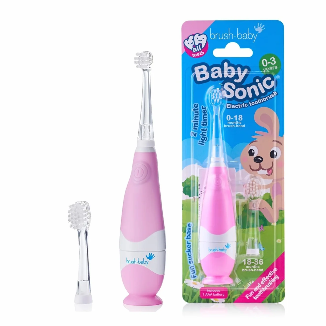 Brush-Baby - BabySonic - Spazzolino elettrico rosa, 0-36 mesi, morbido e delicato, per gengive sensibili e denti nuovi, con luce LED e base di aspirazione, testine per neonati e bambini