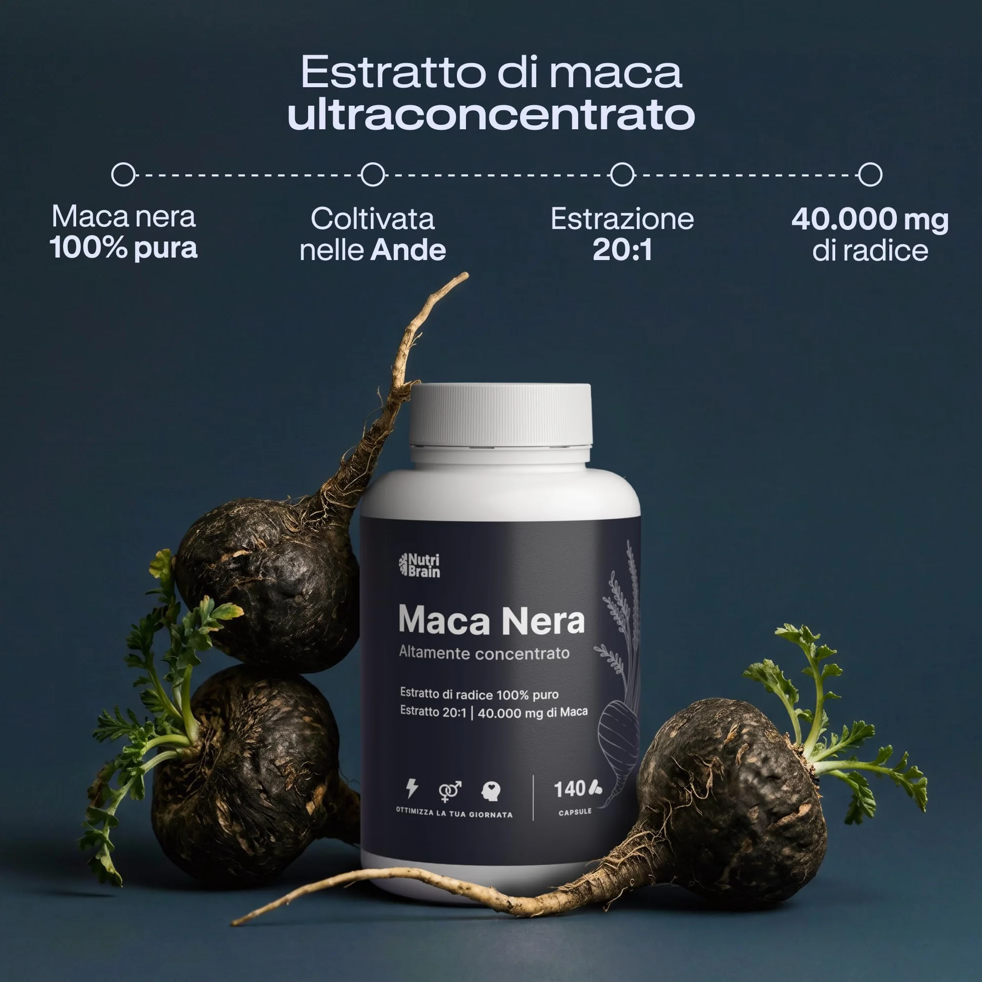 Maca Nera Peruviana ad Alto Dosaggio | 40.000mg - Estratto 20:1 | 5 Mesi | Energia e Vitalità | Uomo e Donna | Prestazioni, Resistenza ed Equilibrio | 140 Capsule Vegane Altamente Concentrate