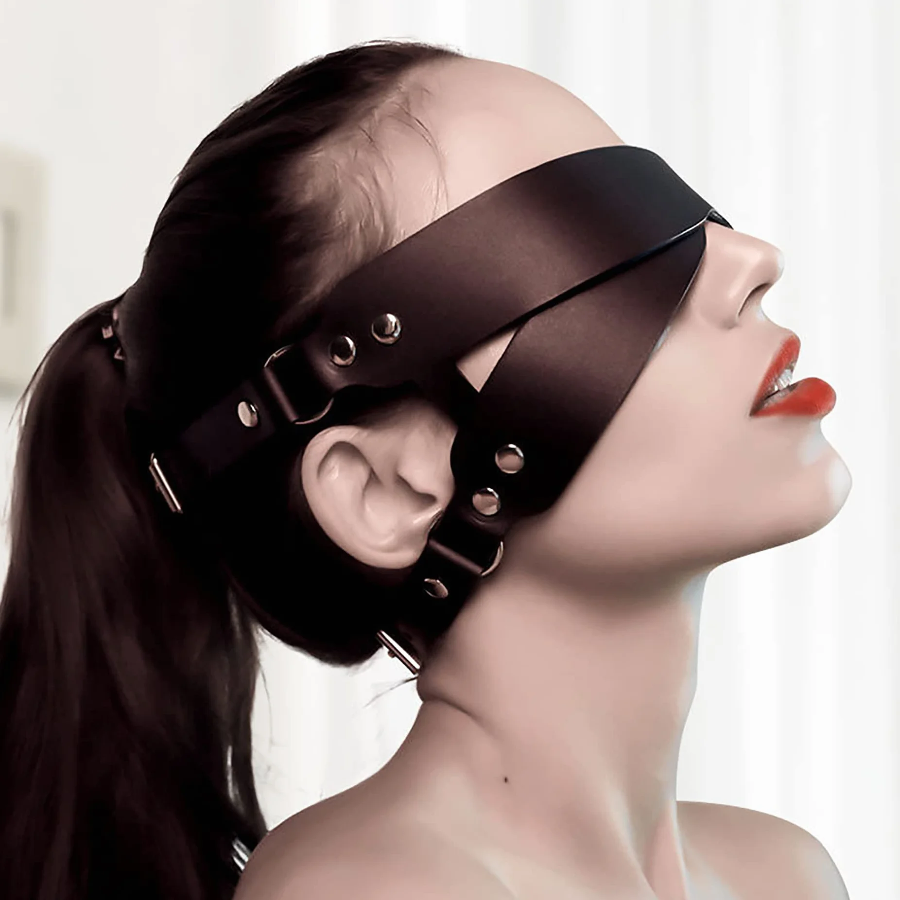 Benda BDSM Maschera per Occhi in Pelle Nero Erotico Sexy per Festa Veneziana
