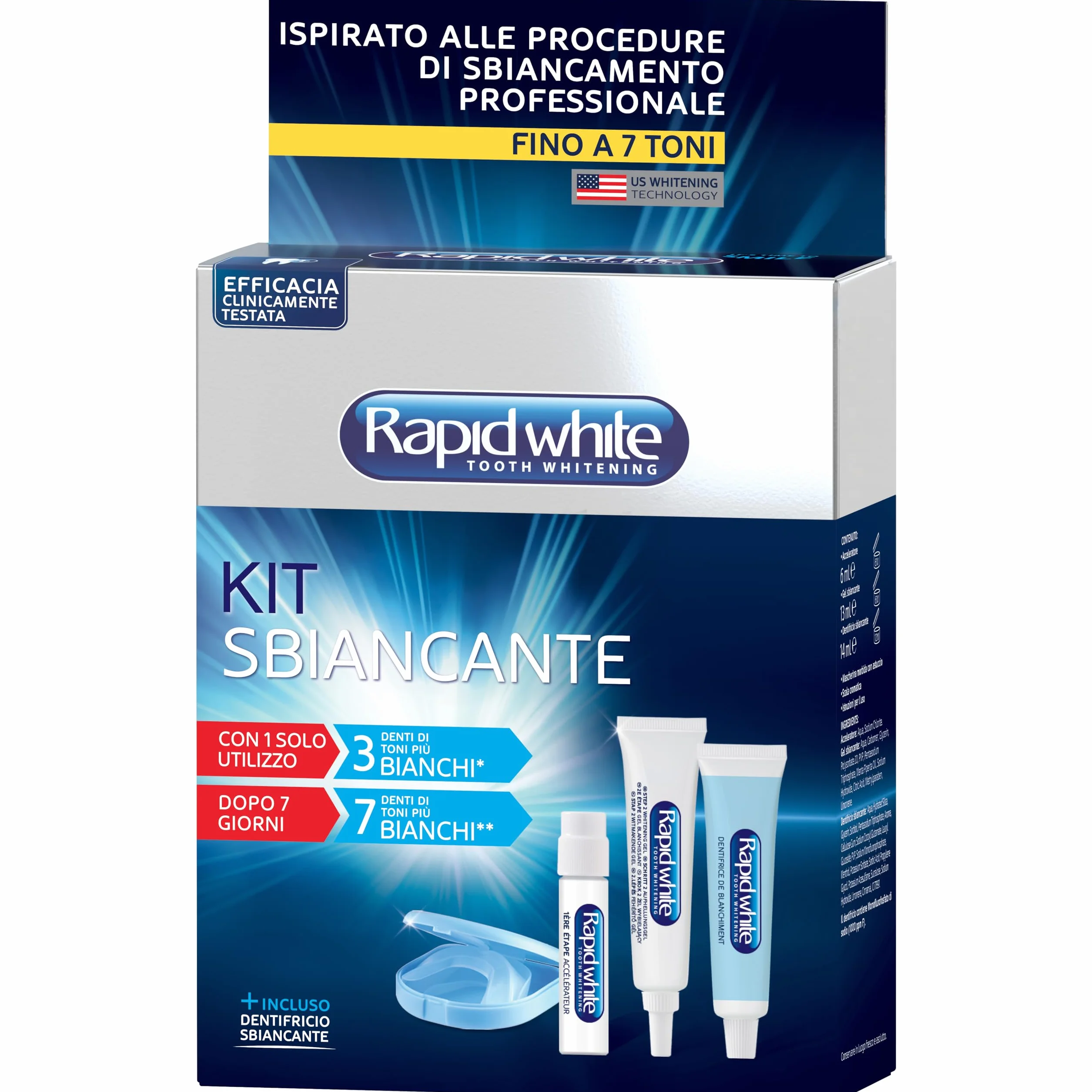 Rapid White Kit Sbiancante Denti con Dentifricio, Sbiancamento 7 Toni, Senza Perossido, Mascherina Morbida, Gusto Menta