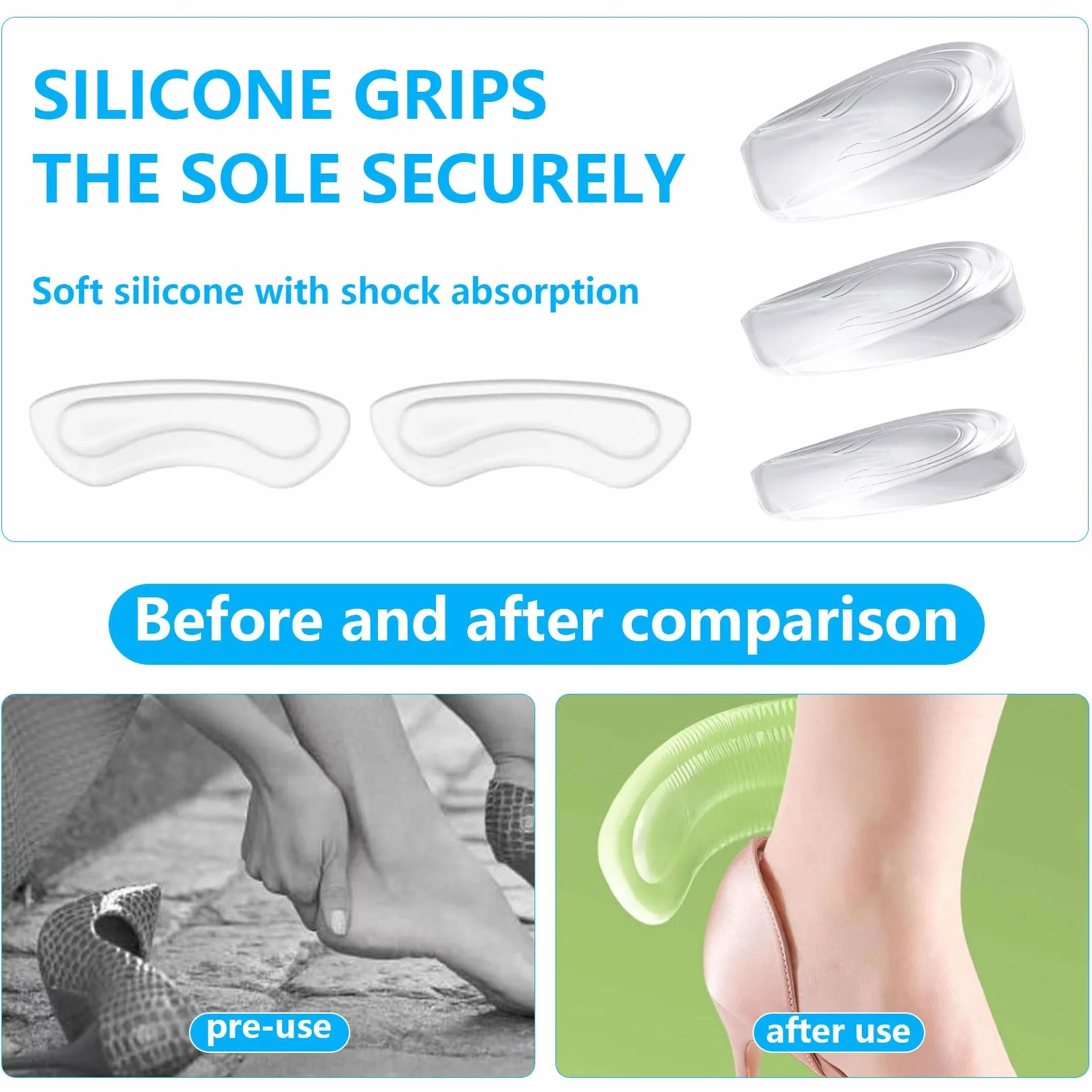 3 Paia Altezza Aumentando Tallone Solette, 1/2/3cm Rialzo Tallone per Scarpe, Solette Rialzate Donna, Talloniera di Silicone di Altezza Solettes + 1 Paio Cuscinetti per Tallones