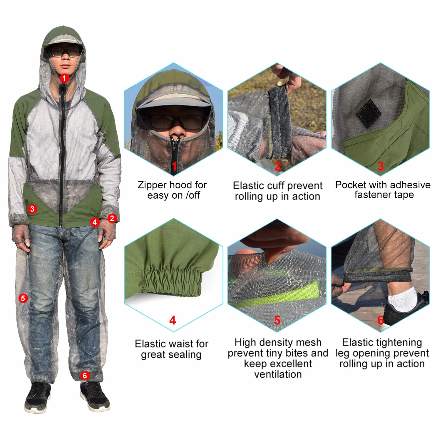 Lixada Abito Repellente Zanzare con Cappuccio in Mesh Mosquito Suit Giacca Bug per Pesca Caccia Campeggio L/XL/XXL