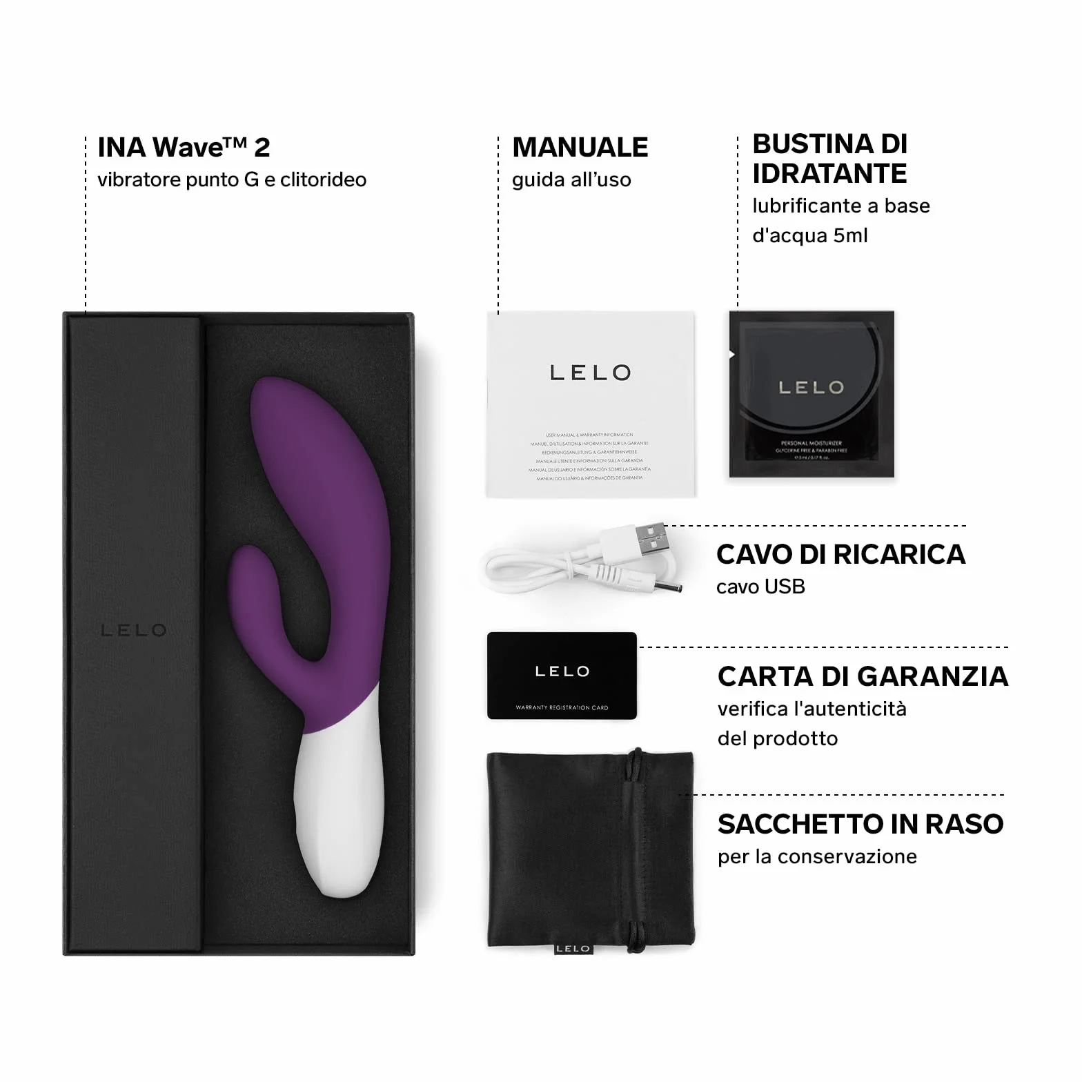 LELO INA WAVE 2 Vibratore per Donna Rabbit con Wavemotion e 12 Modalità, Vibratore con Stimolatore Clitorideo Femminile, Sex Toy a Doppia Azione, Sex toys per Donne, Vibratori Donna, Viola